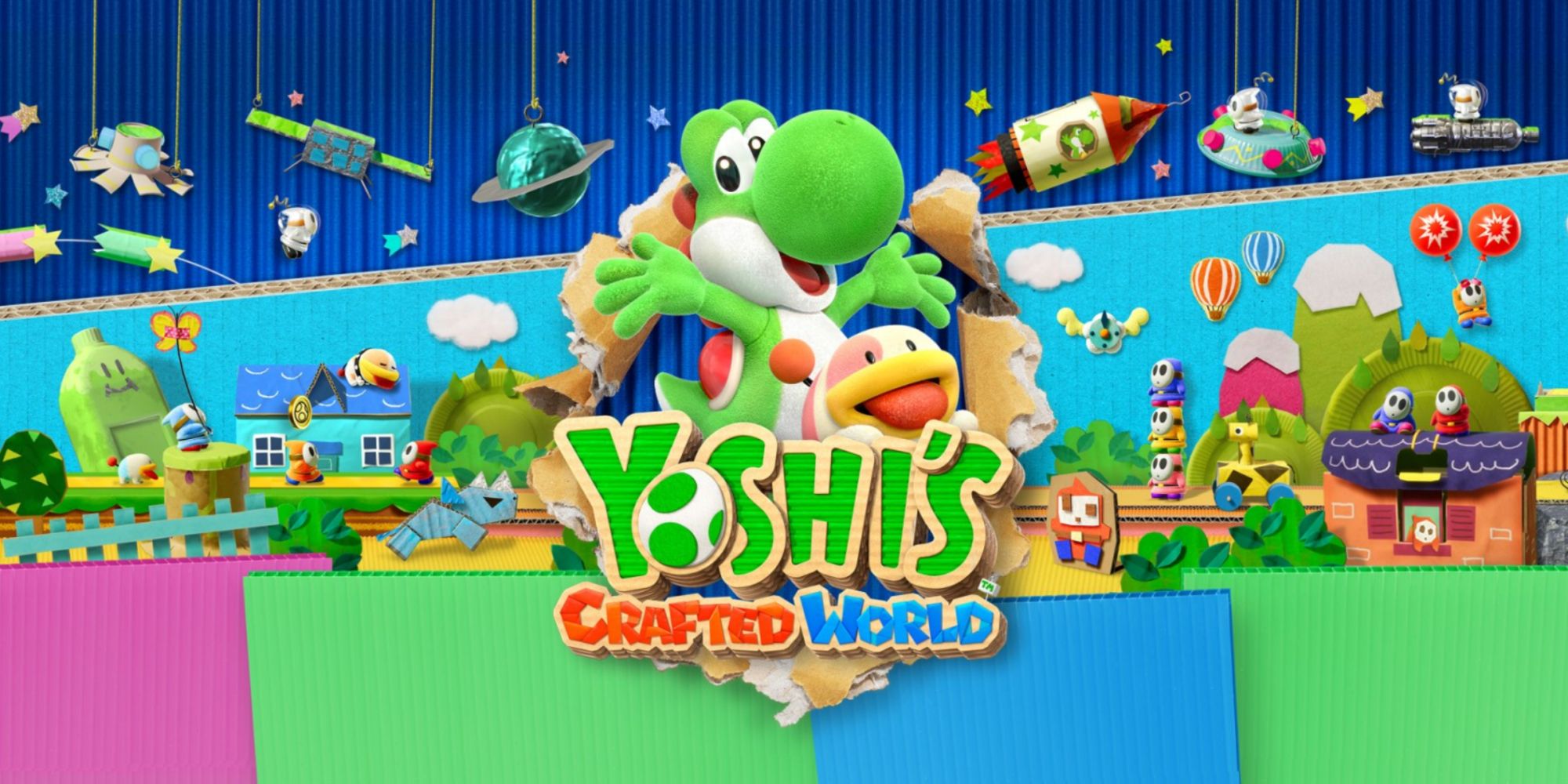 Yoshi's Crafted World - Yoshi And Poochie Surrounded By Shy Guys And Mountains