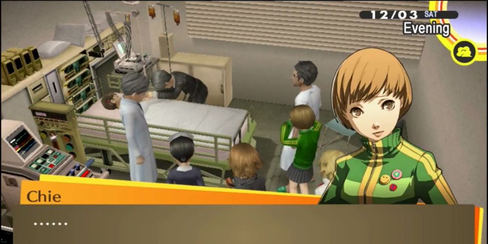 Yosuke, Chie, Yukiko, Teddie, and Dojima around Nanako's hospital bed as she lies lifeless with Protagonist holding onto her hand in Persona 4 Golden