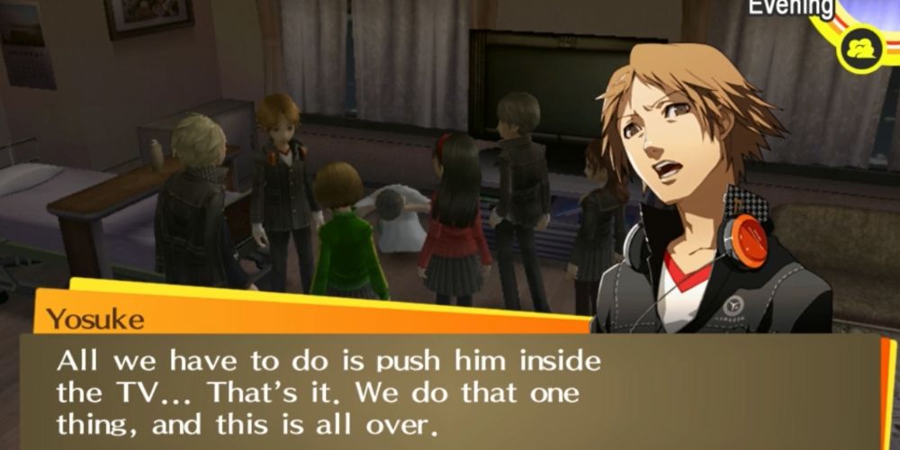 Yosuke trying to convince the others to throw Namatame into the TV in the hospital in Persona 4 Golden