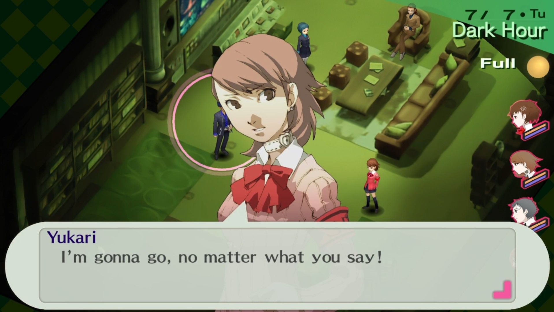 yukari demanding to be part of the hierophant fight in persona 3 portable