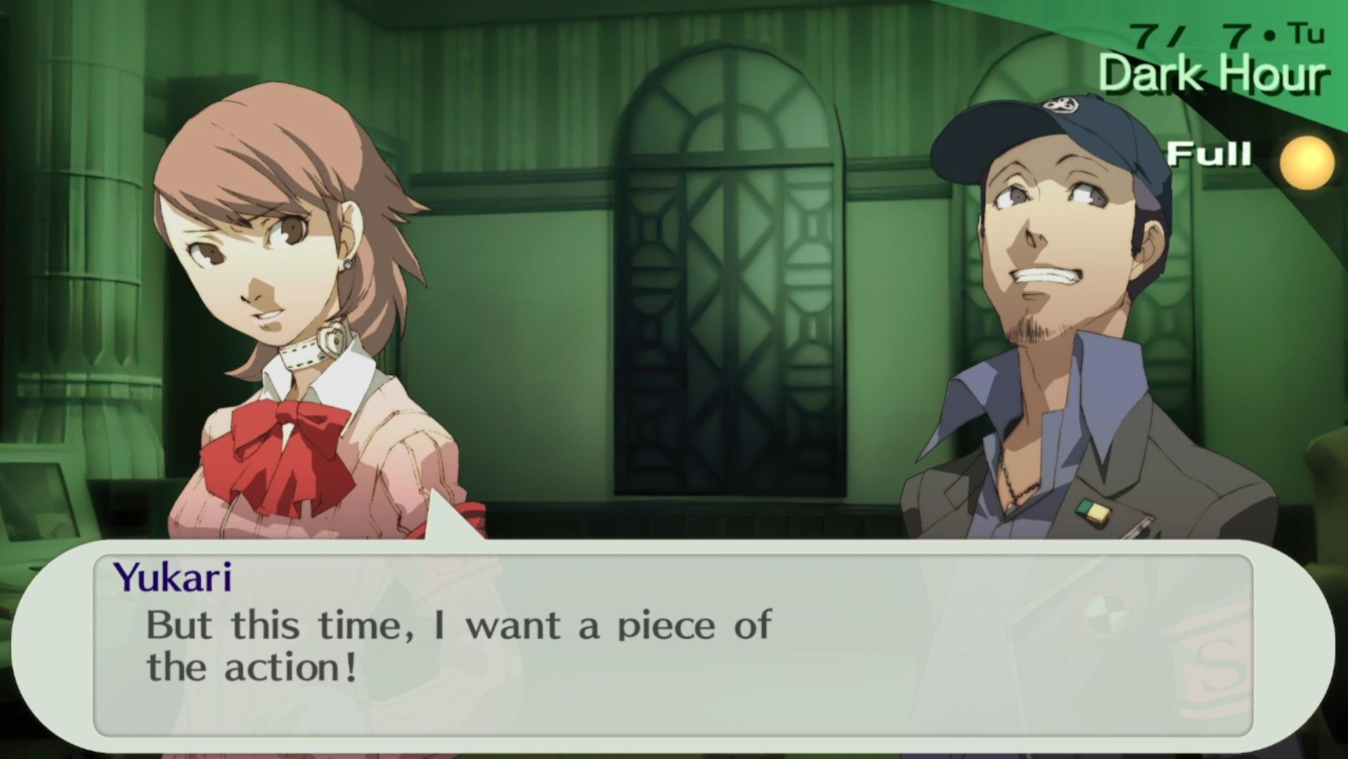 yukari demanding to be part of the team as she stands with junpei in persona 3 portable