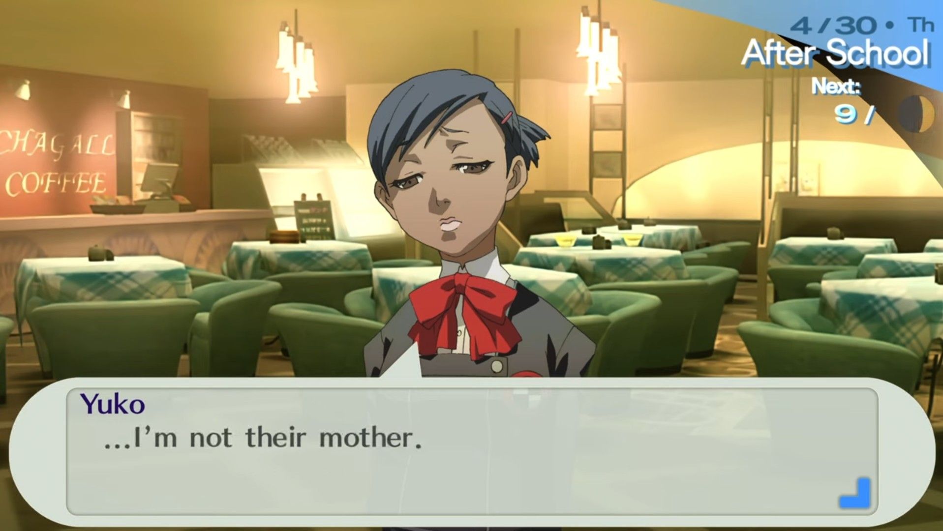yuko upset about how the team treats her, saying she's not their mother at cafe chagall in persona 3 portable