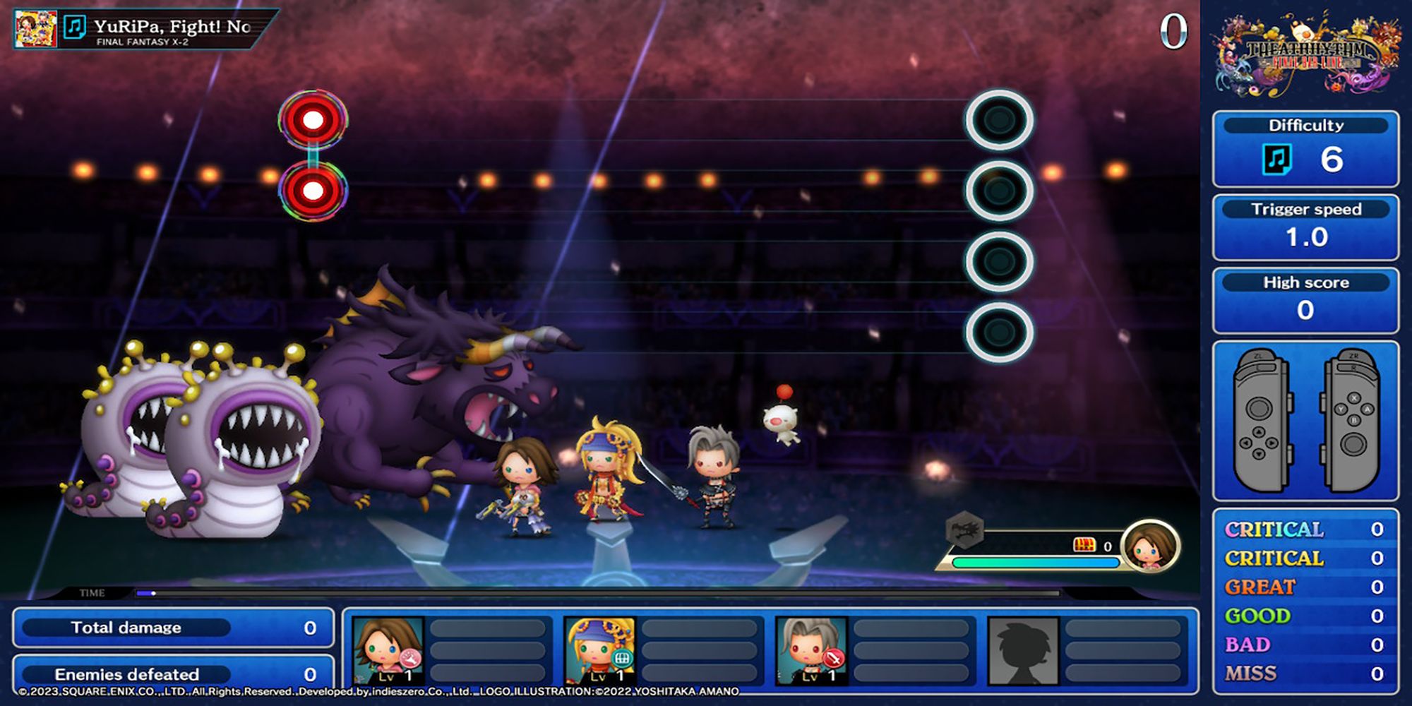 Yuna#2, Rikku, and Paine take down fierce monsters inside a concert arena in Theatrhythm: Final Bar Line.