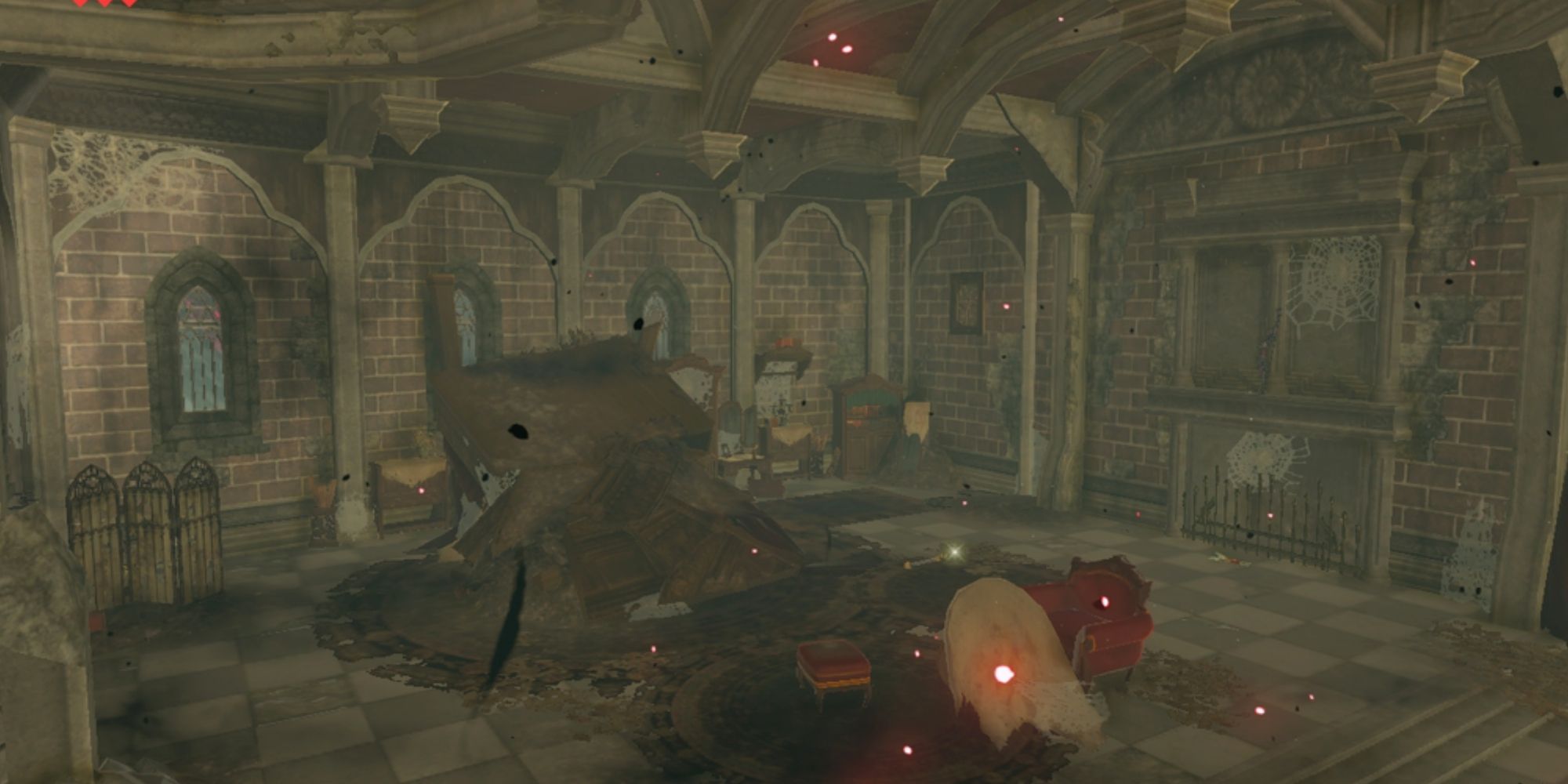 Zelda's Room in Hyrule Castle, the furniture broken and the room glowing with Malice.