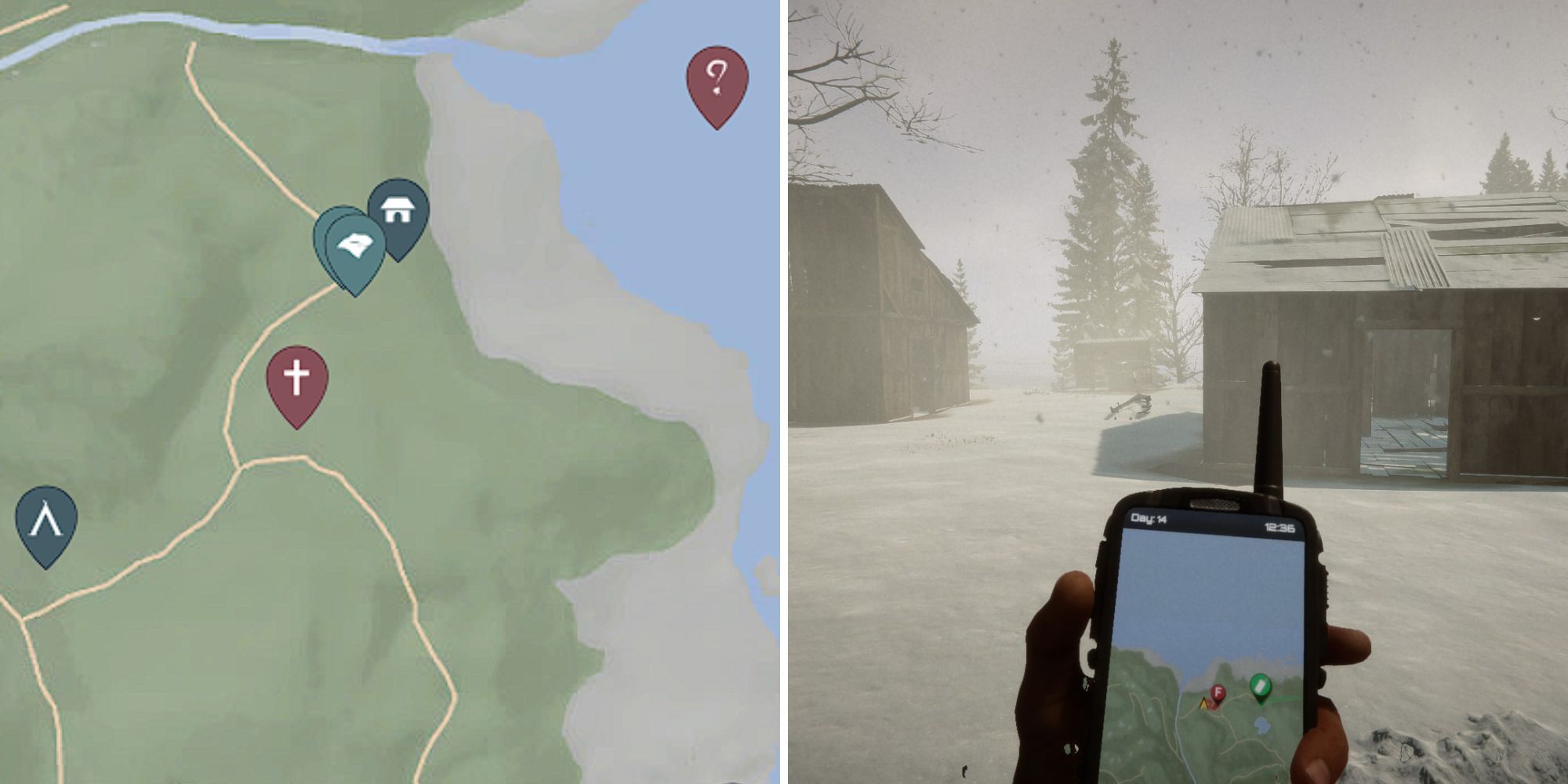 map location of abandoned houses; a view of the abandoned houses in the snow with the GPS tracker on