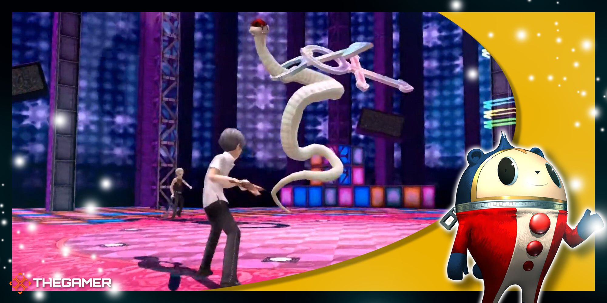 yu narukami facing off with amorous snake in the marukyu striptease dungeon in persona 4 golden