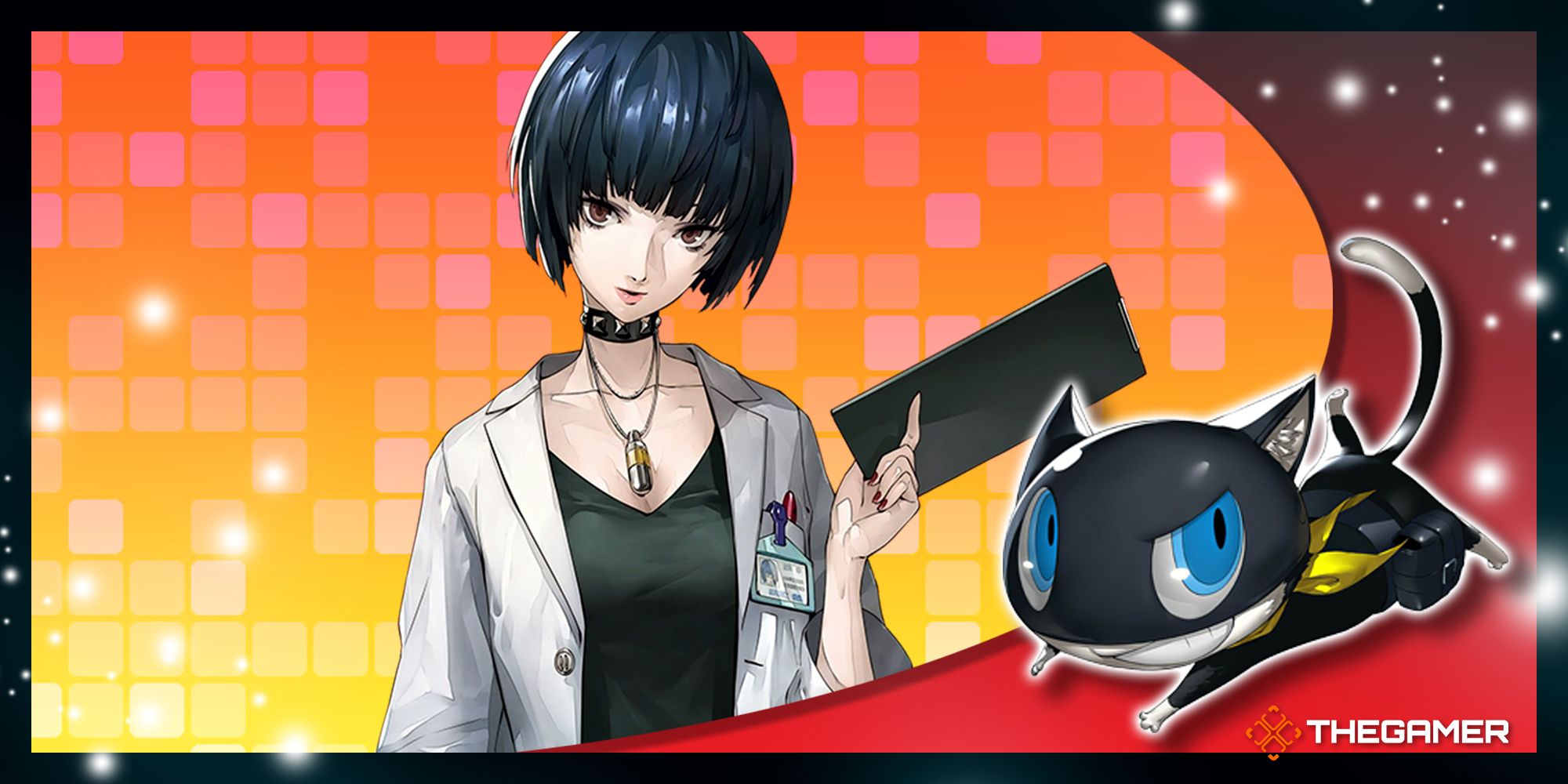 tae takemi on an orange and yellow gradient background in our red morgana persona 5 royal frame