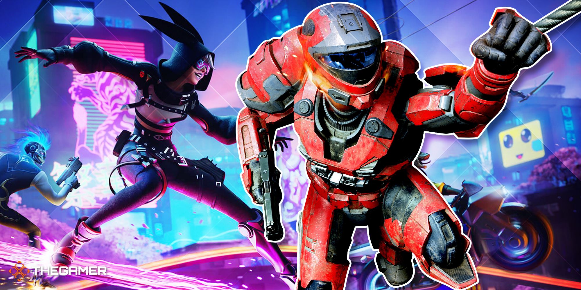 Fortnite Mega City banner art with Master Chief in red armor superimposed over it