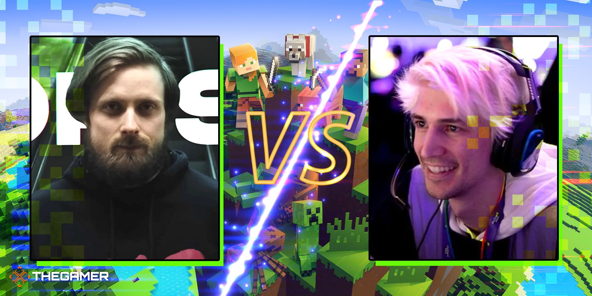 A split image showing Forsen on the left side and xQc on the right with Minecraft in the background