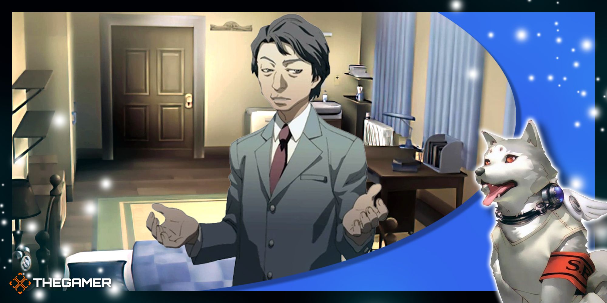 president tanaka's sprite over the male protagonist's bedroom in persona 3 portable with our blue p3p koromaru frame