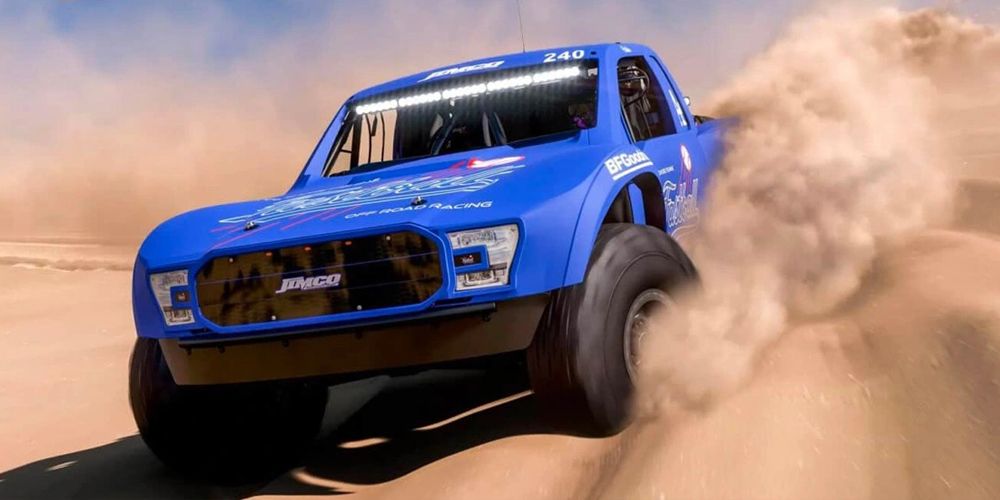 2019 Jimco Fastball Racing Spec Trophy Truck kicking up dust in forza horizon 5 rally adventure