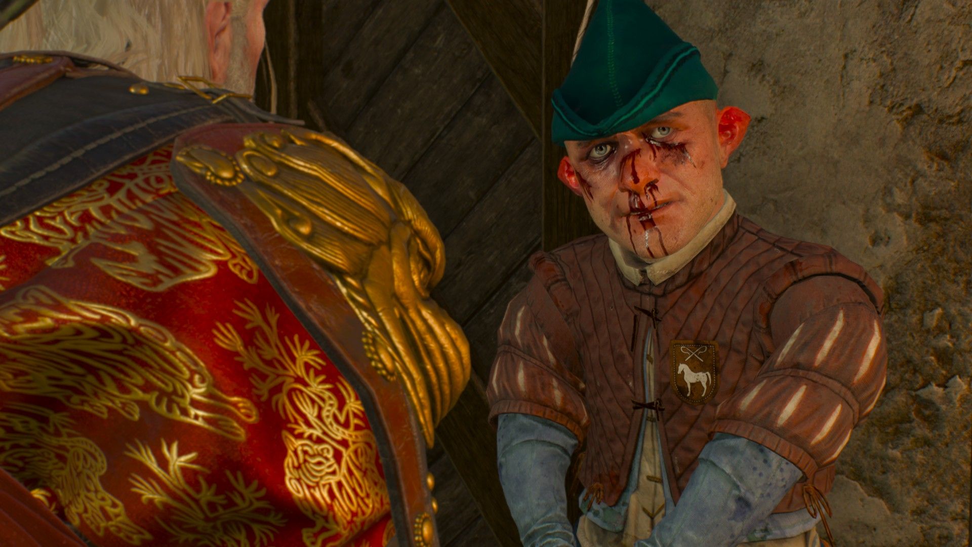 A bloodied halfling talks to Geralt in a Novigrad house.