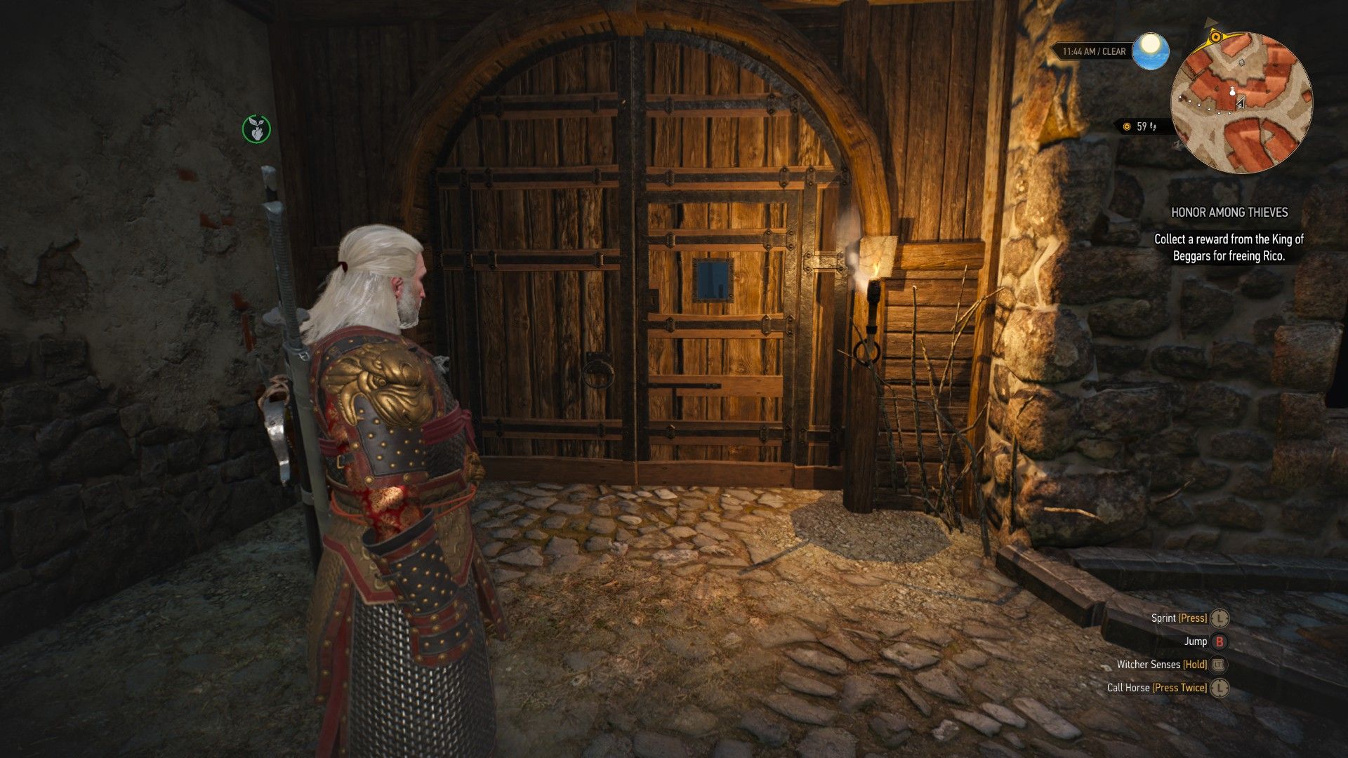 A screenshot of Geralt standing at the entrance to a secure area.
