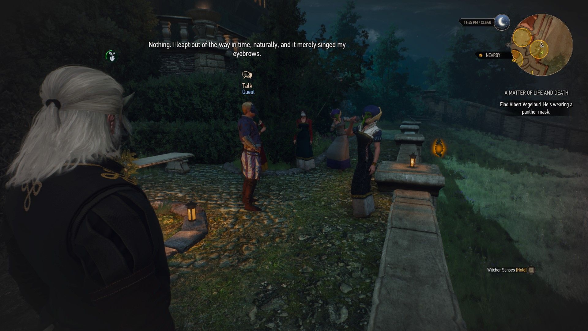 A screenshot of Geralt staring at a quest objective in the center of the shot.