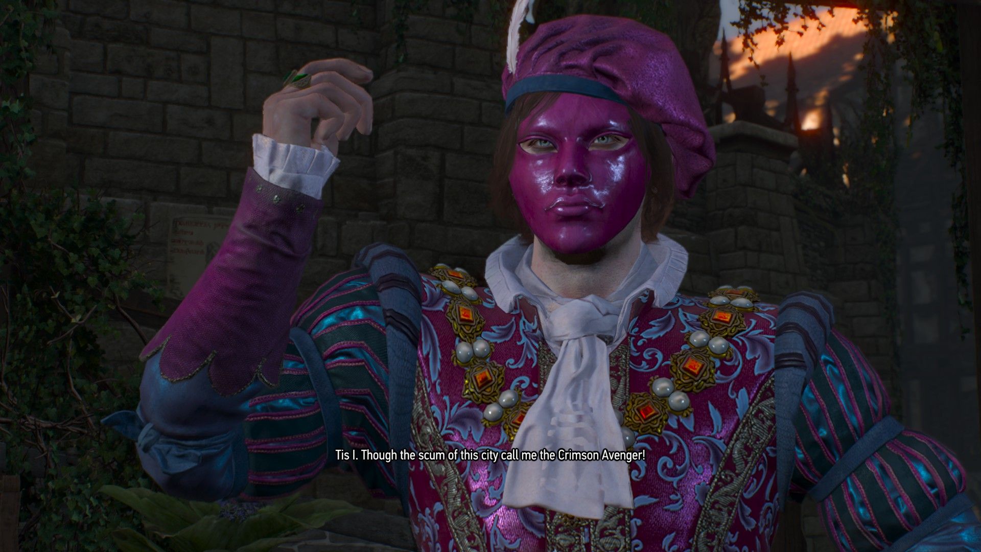Dandelion speaks during a cutscene wearing a ridiculous magenta mask that matches his gaudy clothes.