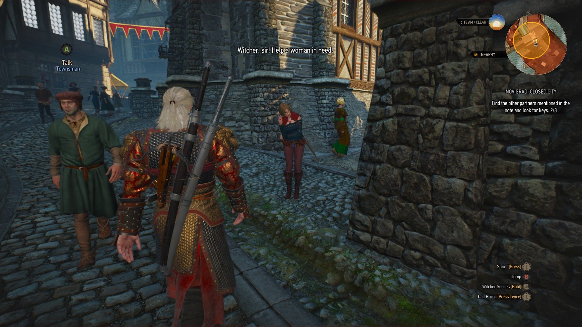 A screenshot of The Witcher 3, with Geralt walking up to a blonde woman on a cobbled road asking for help.