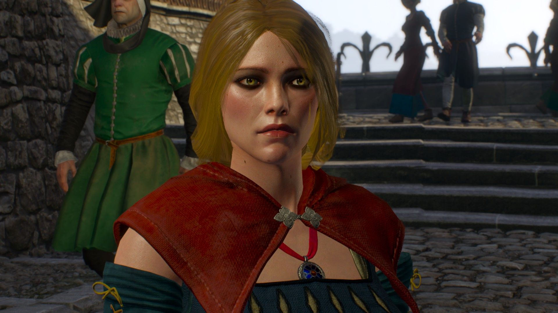 A blonde woman dressed in fine, medieval clothes stands on a stone bridge in The Witcher 3's city of Novigrad.