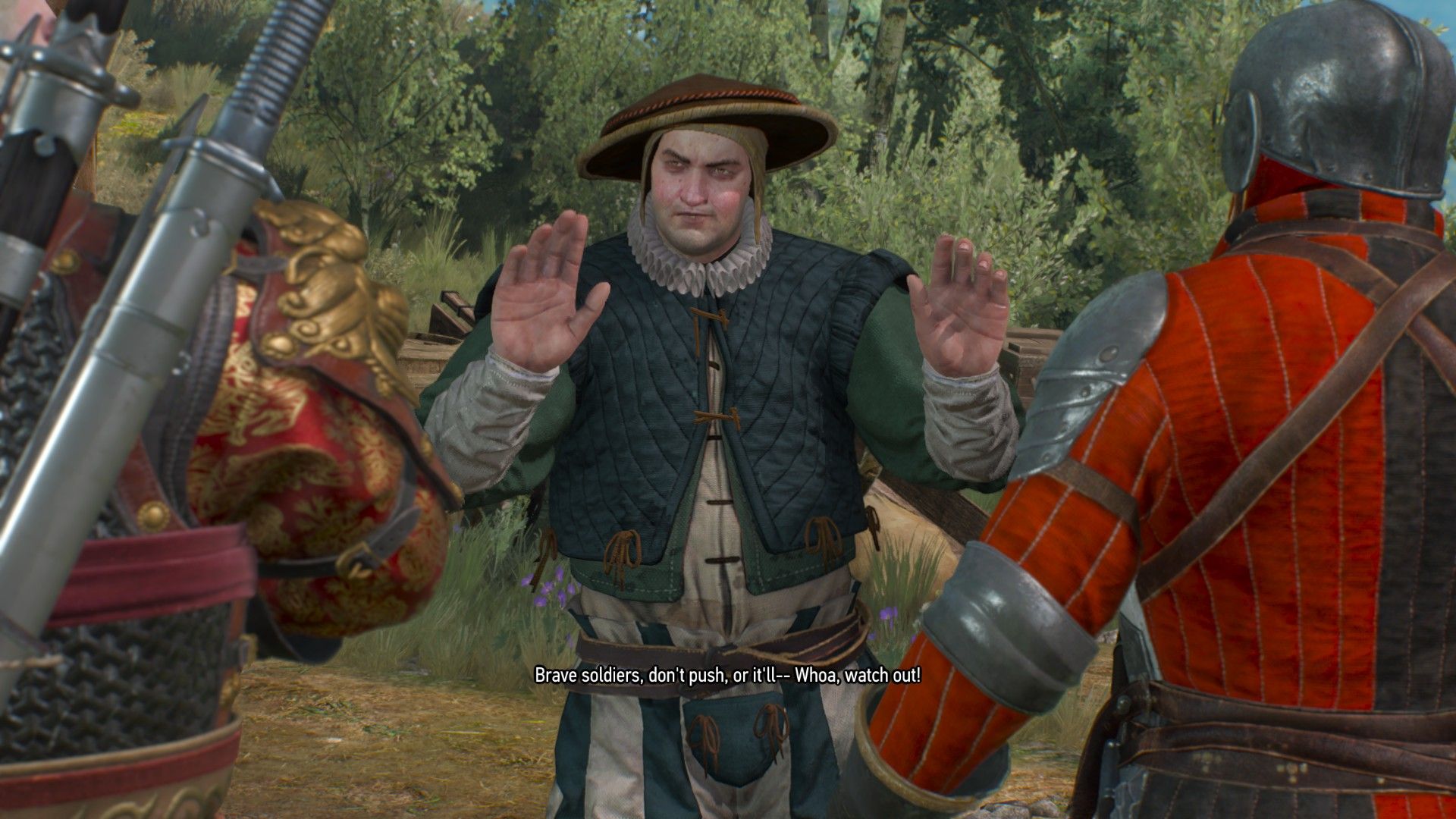 A merchant puts his hands up, trying to calm an angry soldier down in The Witcher 3.