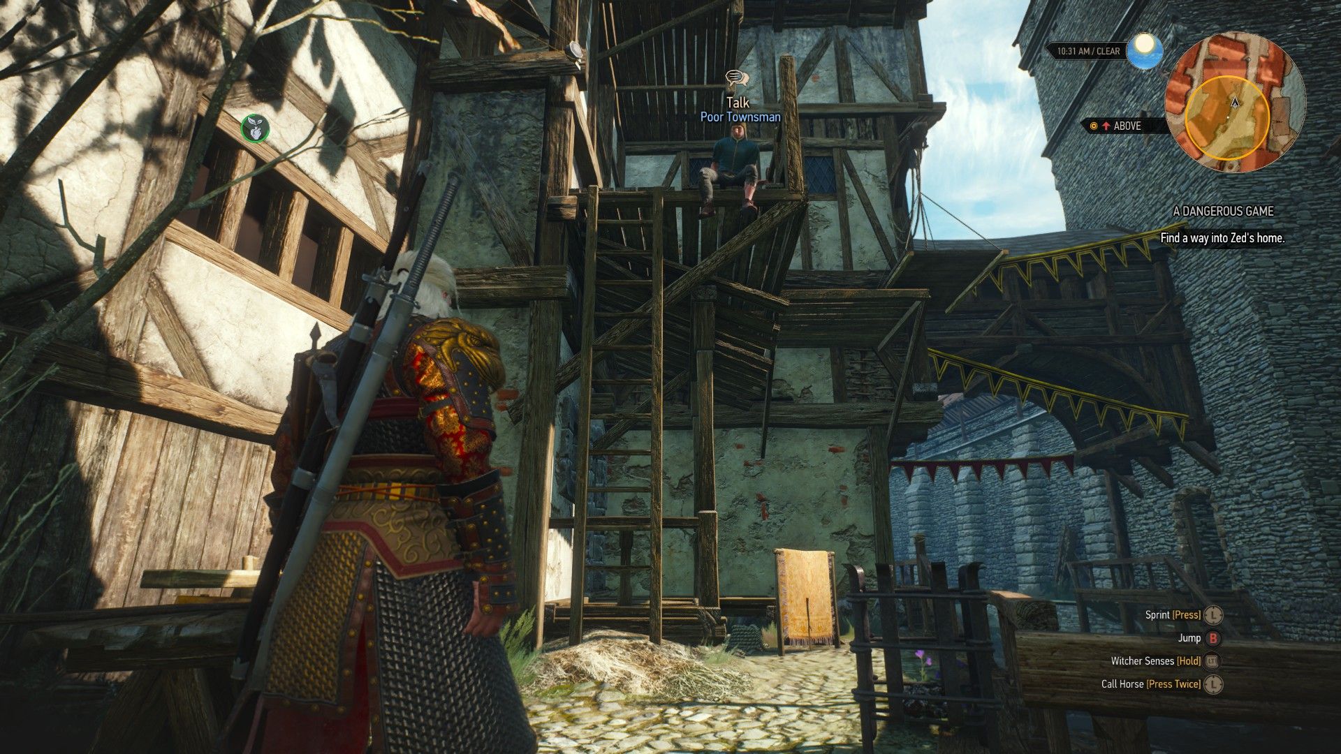 Geralt looks up at a ladder with a man sitting next to it in Novigrad.  It is necessary for the quest A Dangerous Game.