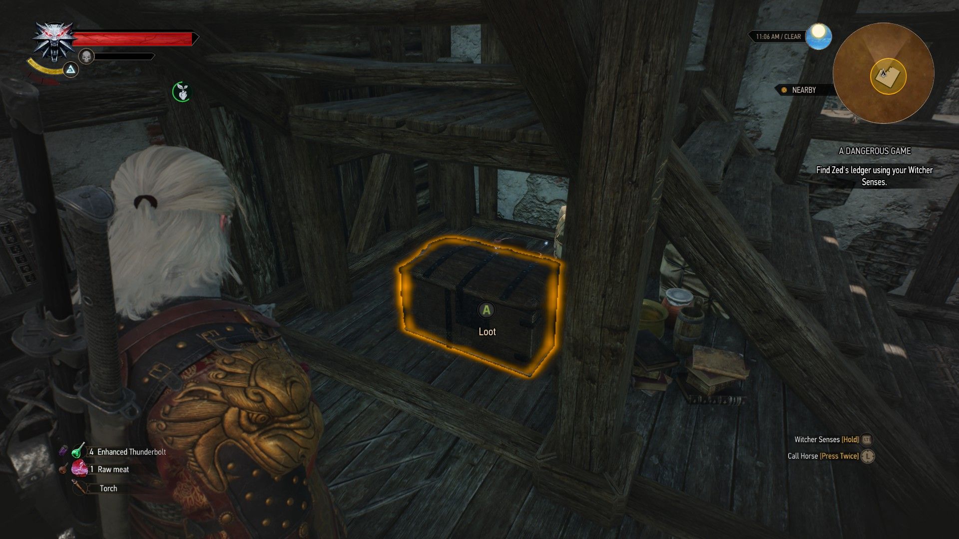 A screenshot of Geralt looking at a chest containing quest-essential items under a staircase in Zed's house in Novigrad.