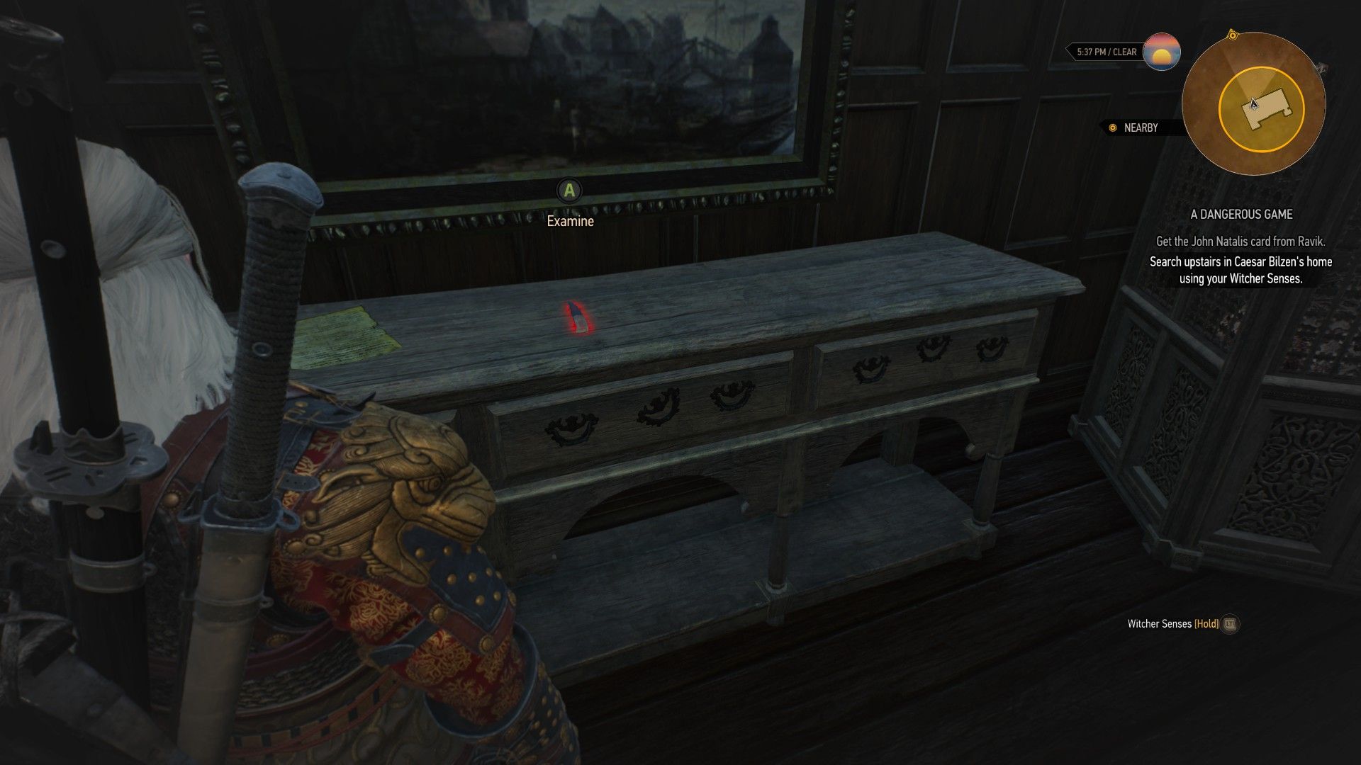 A screenshot of Geralt's Witcher Senses highlighting an innocuous knife used in a hidden mechanism.