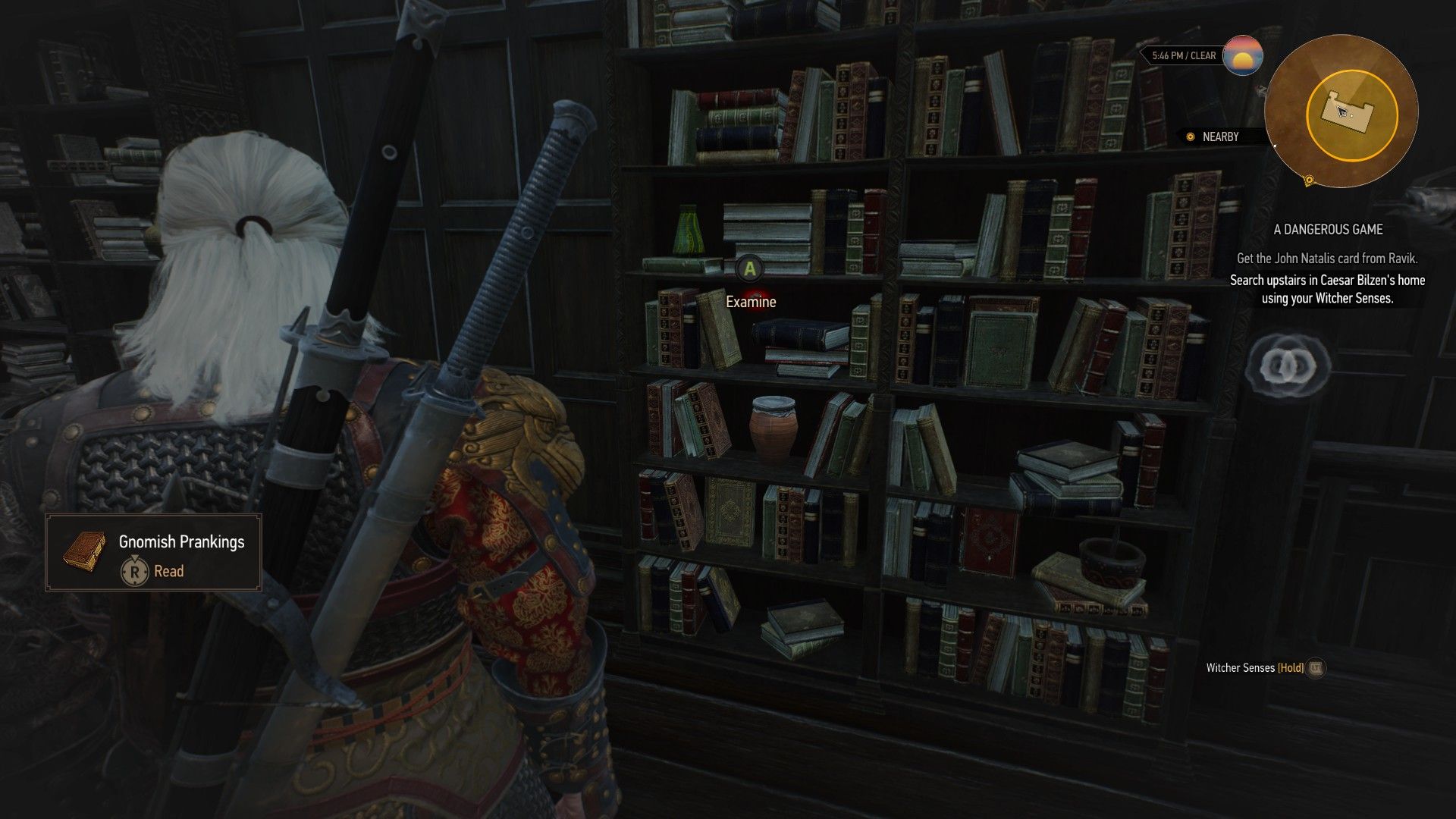A screenshot of Geralt's Witcher Senses highlighting a hidden mechanism inside a bookshelf.