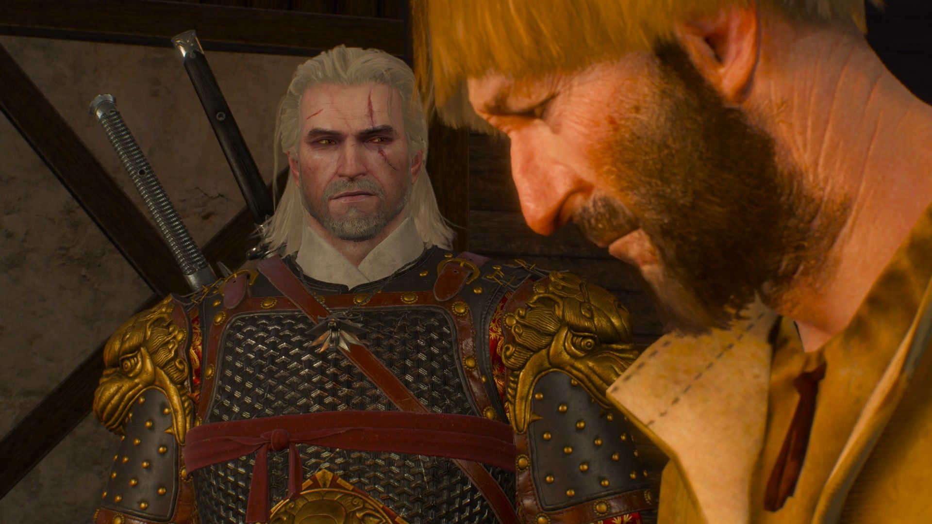Geralt shoots a bearded man with a bowl cut a well-used look as the man hangs his head in shame.