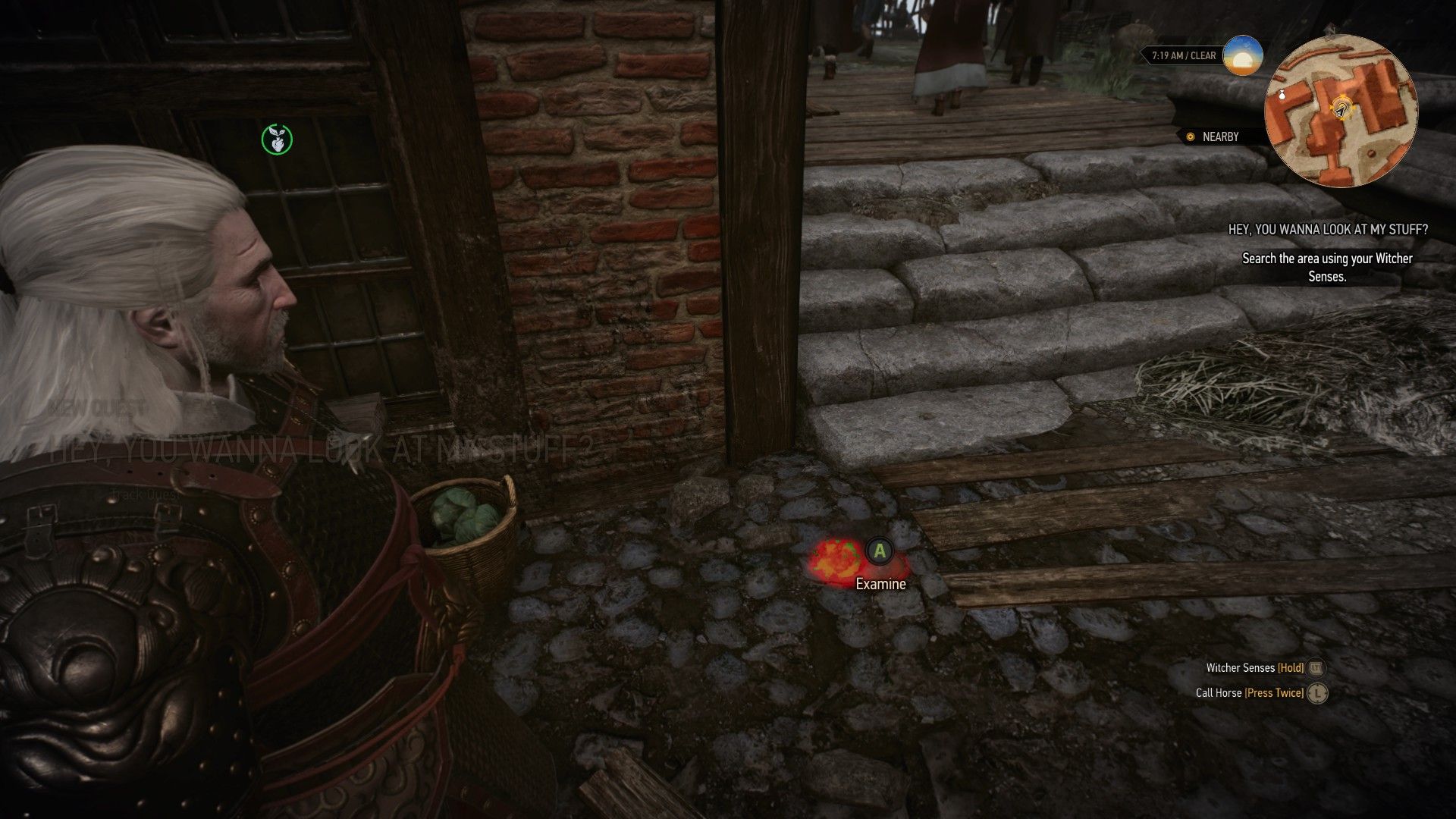 A screenshot of The Witcher 3, showing an item that Geralt can use to sniff out a hidden halfling.