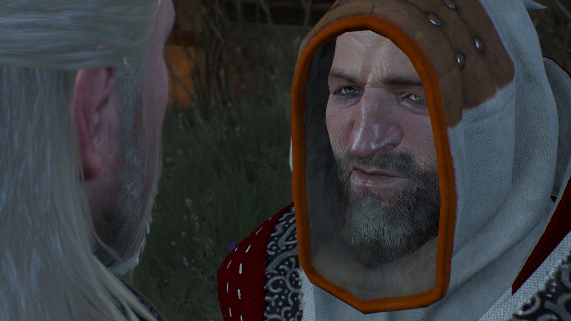 A priest of the Eternal Fire, wearing a white hood trimmed in red, glares daggers at Geralt in Novigrad.