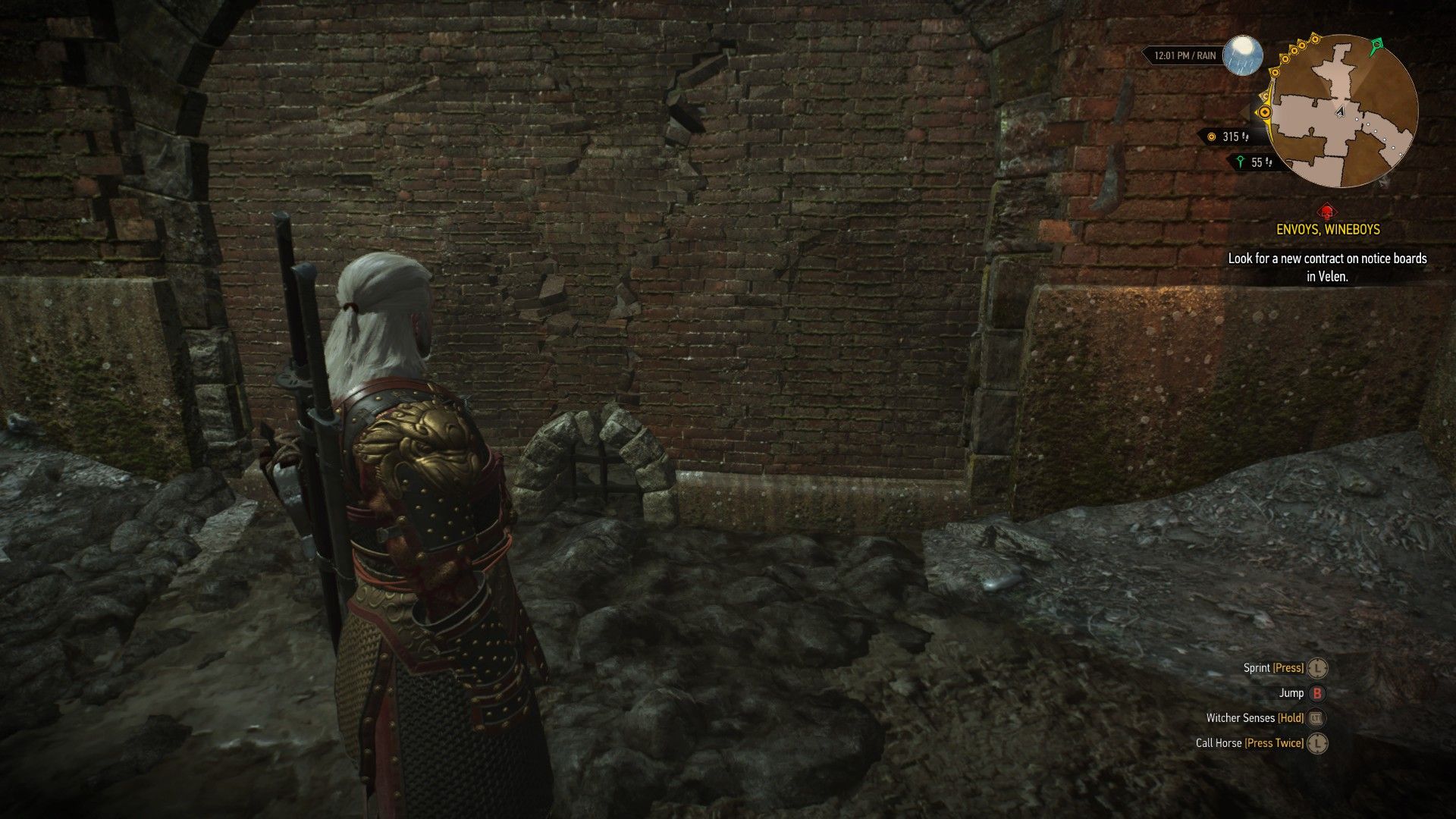 A screenshot of Geralt standing in front of a crumbling brick wall in Novigrad's sewers.