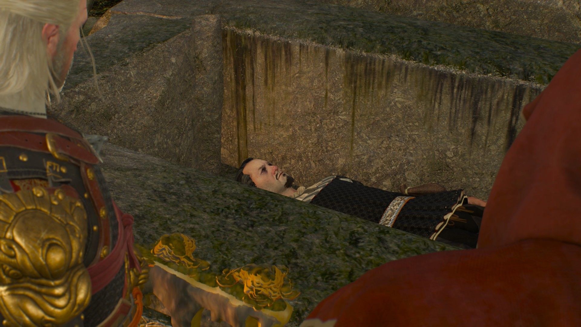 Geralt and a professor look at a finely-dressed man laying inside a large, stone sarcophagus.