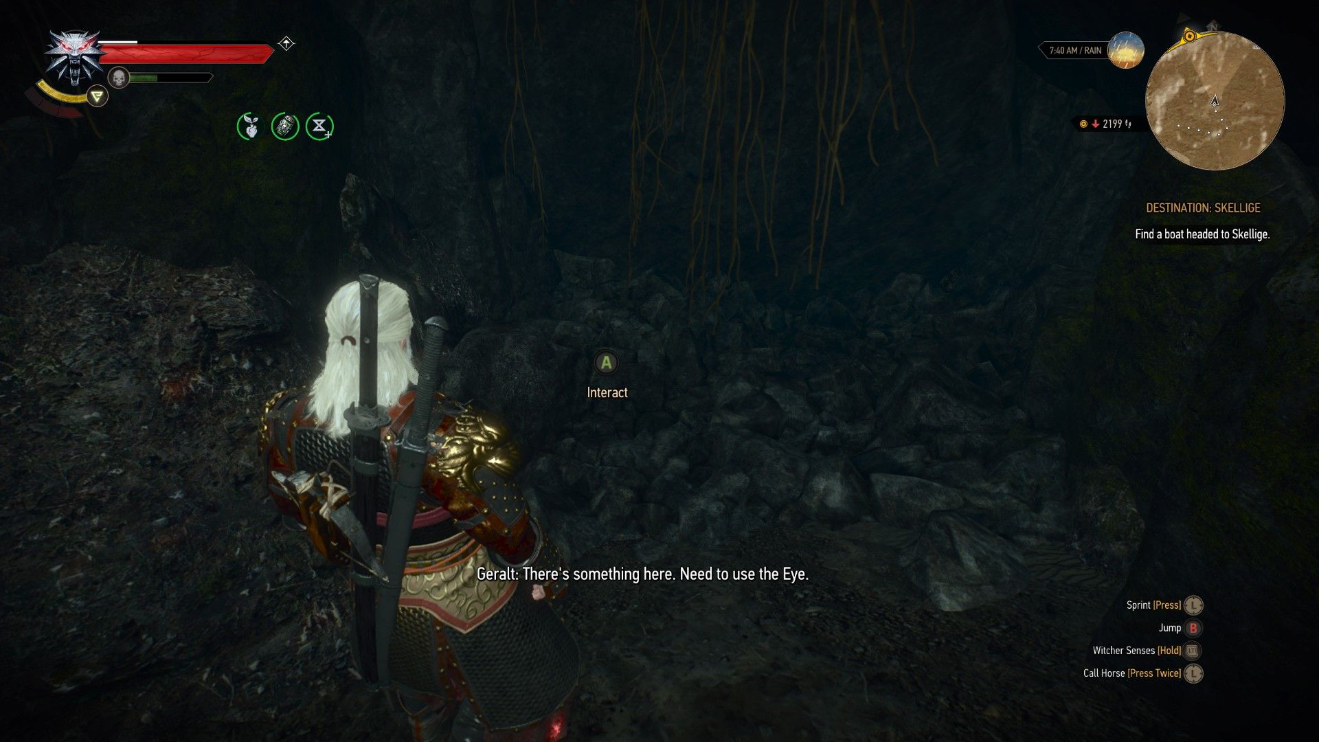 A screenshot of The Witcher 3, with Geralt wearing ornate red-and-gold armor and standing inside a dark cave, commenting on an illusion.