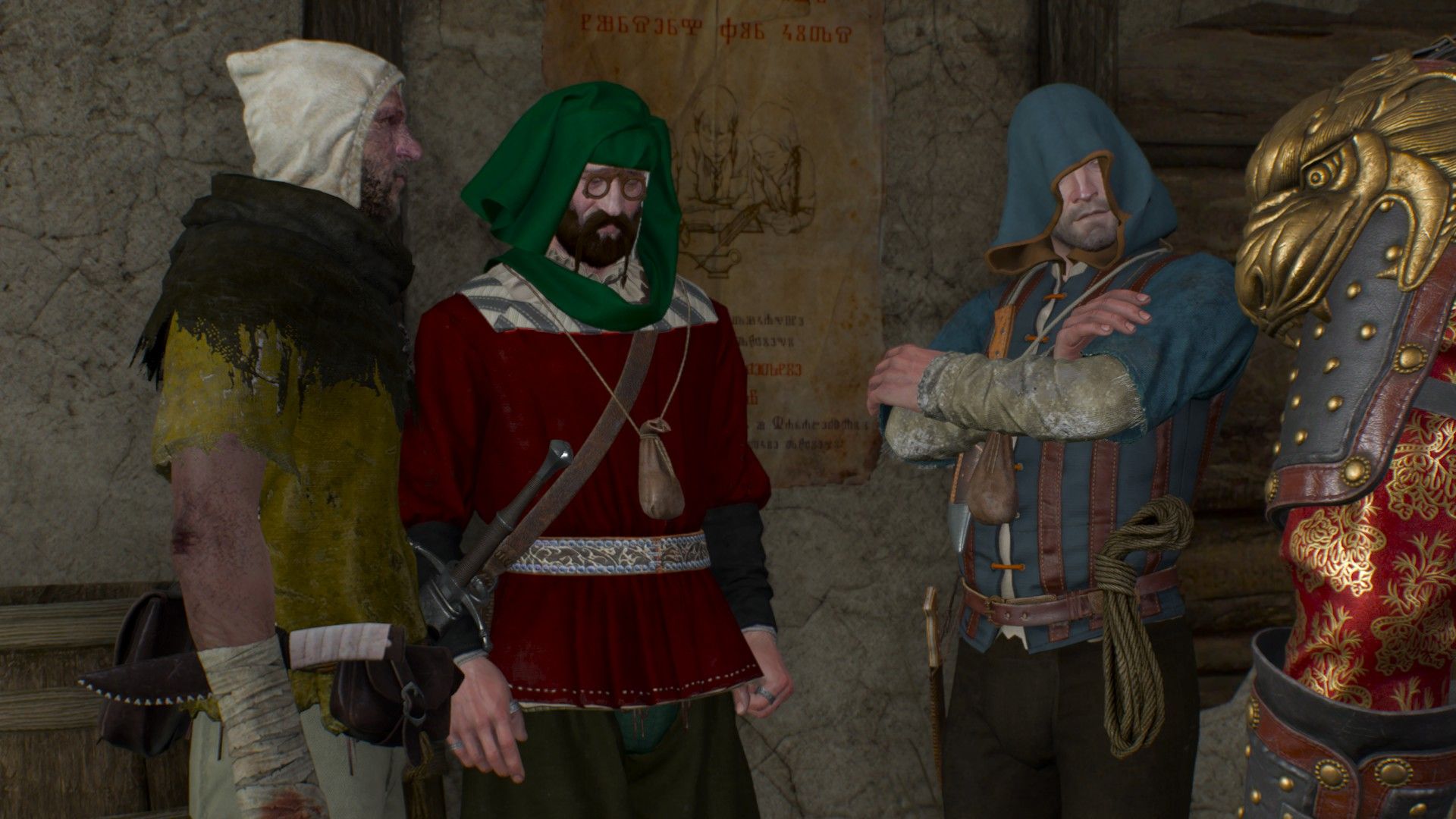 A pair of thugs wearing hoods and covered in filth glare at Geralt while a merchant wearing a green headdress hangs his head in defeat.