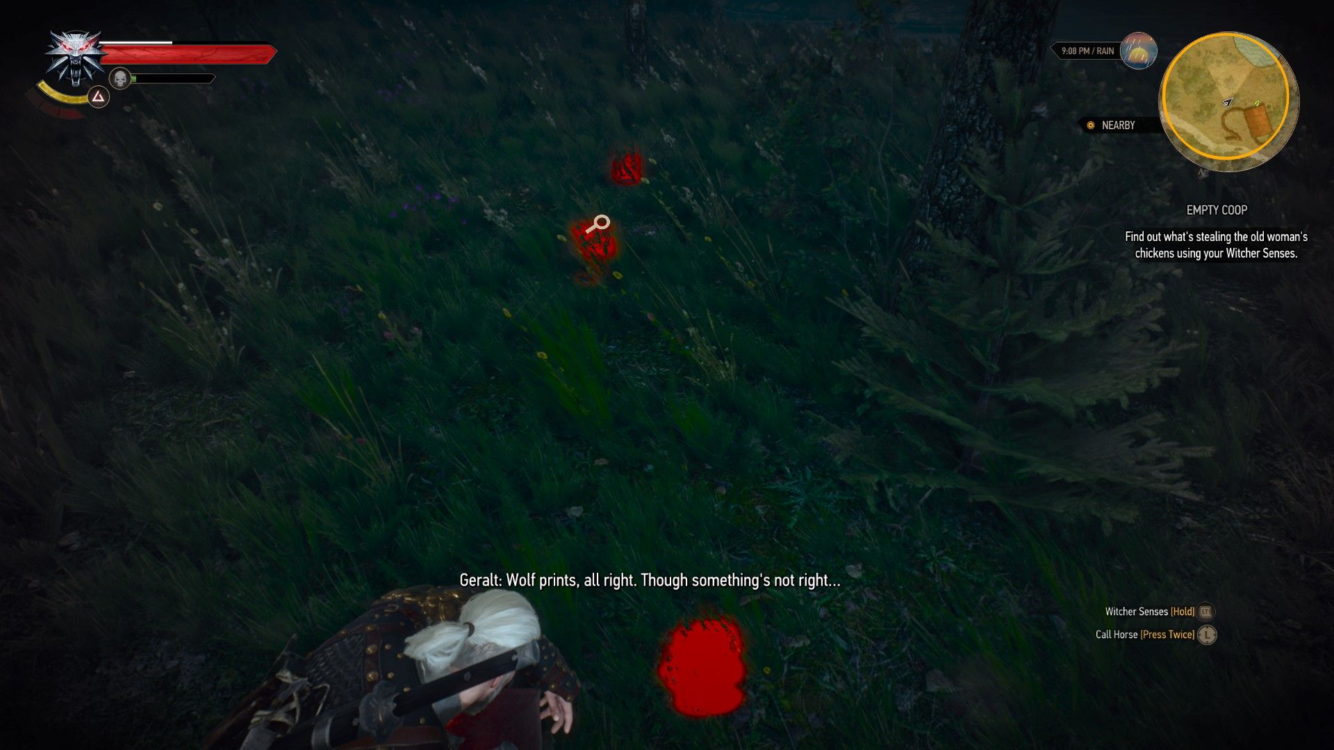 A screenshot of Geralt crouching by some footprints highlighted in red with his Witcher Senses.