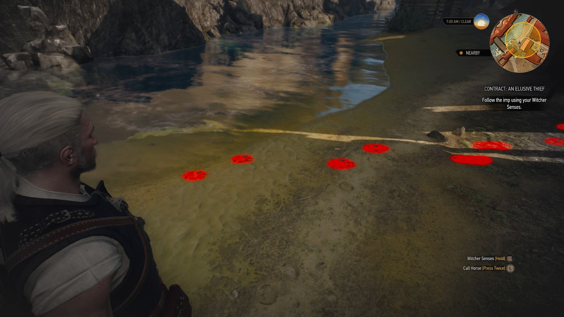Geralt's Witcher Senses highlight a set of tracks on a river bank outside Novigrad as they transform from cat-like to human-like.