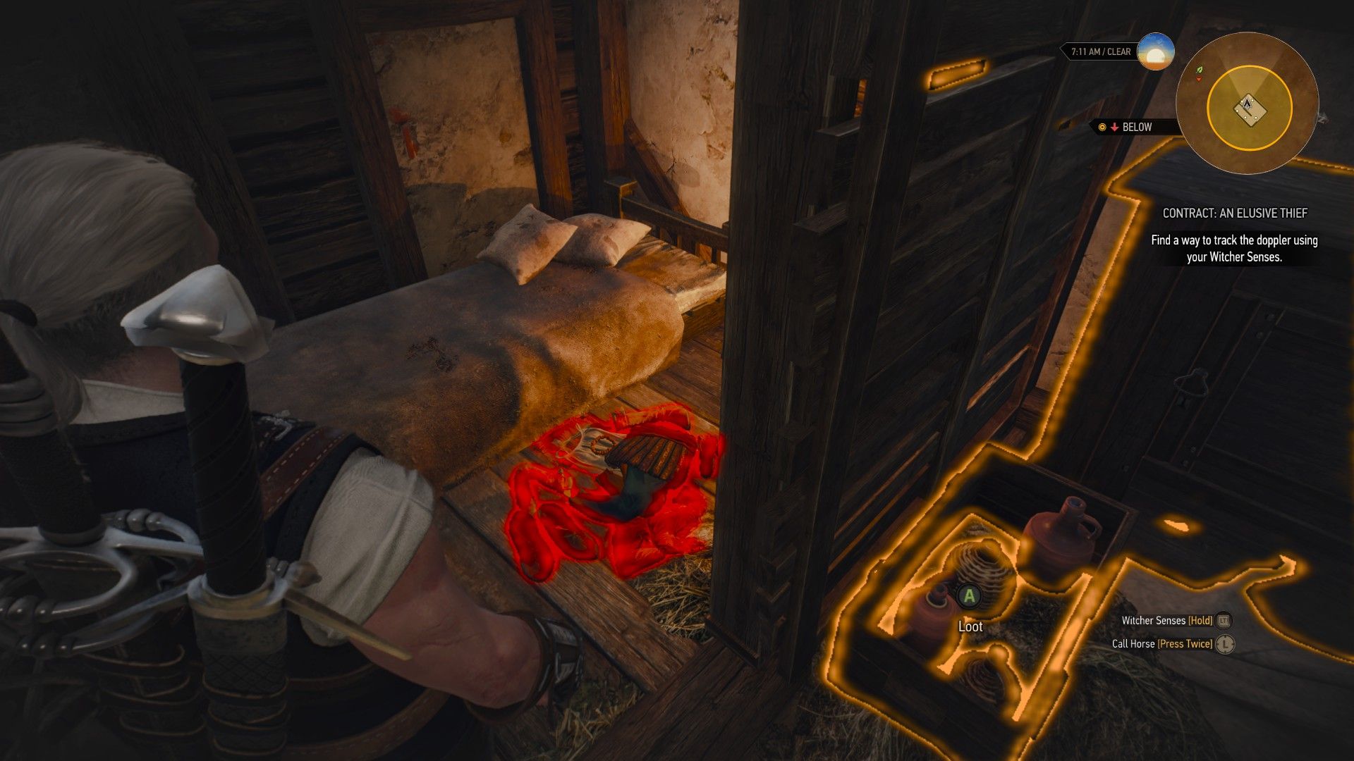 Geralt looks at a pile of clothes on the ground, highlighted by his Witcher Senses.