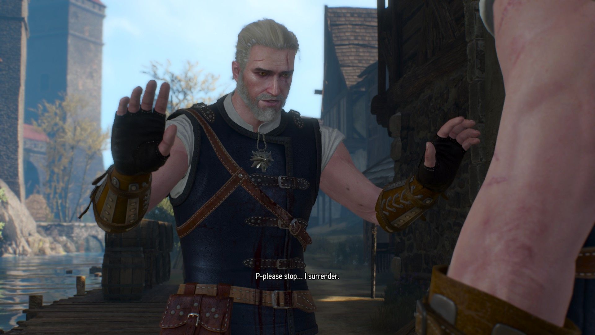 A doppler assuming Geralt's form raises his hand in surrender after being cornered by the Witcher.