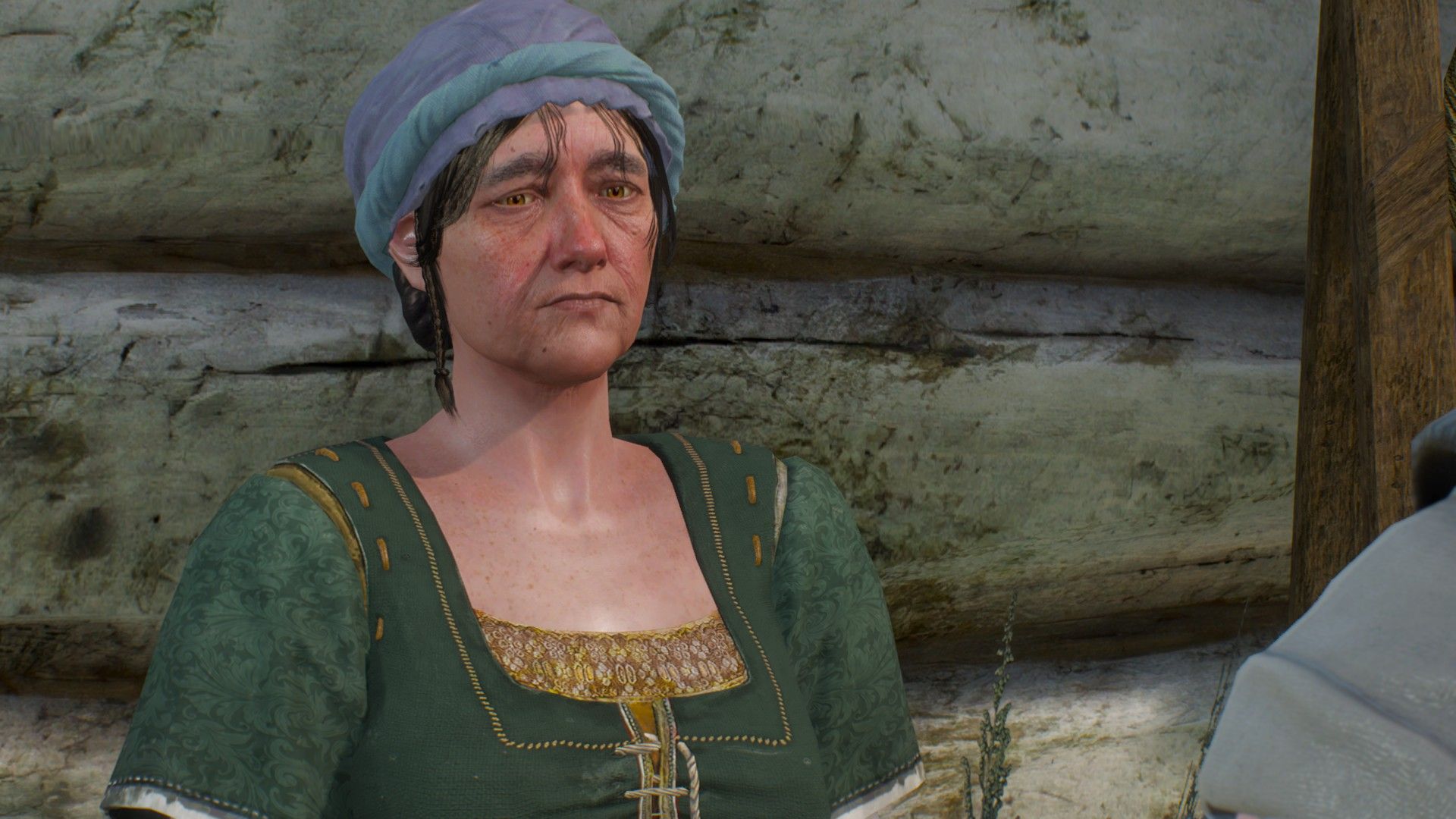 An old woman wearing a modest green dress talks to Geralt outside her house in Farcorners.