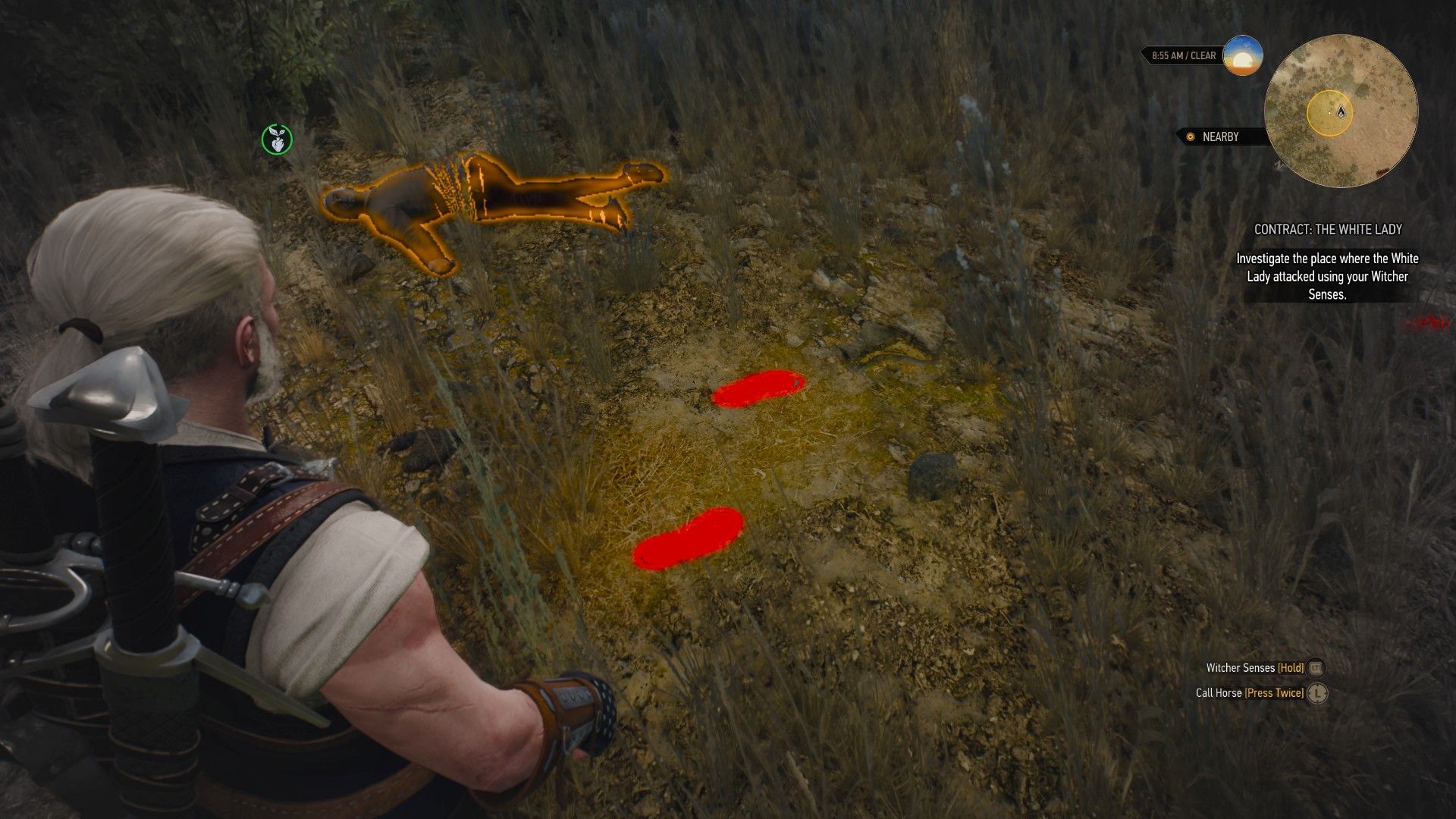 Geralt's Witcher Senses pick up a set of footprints in the dirt leading away from a body.