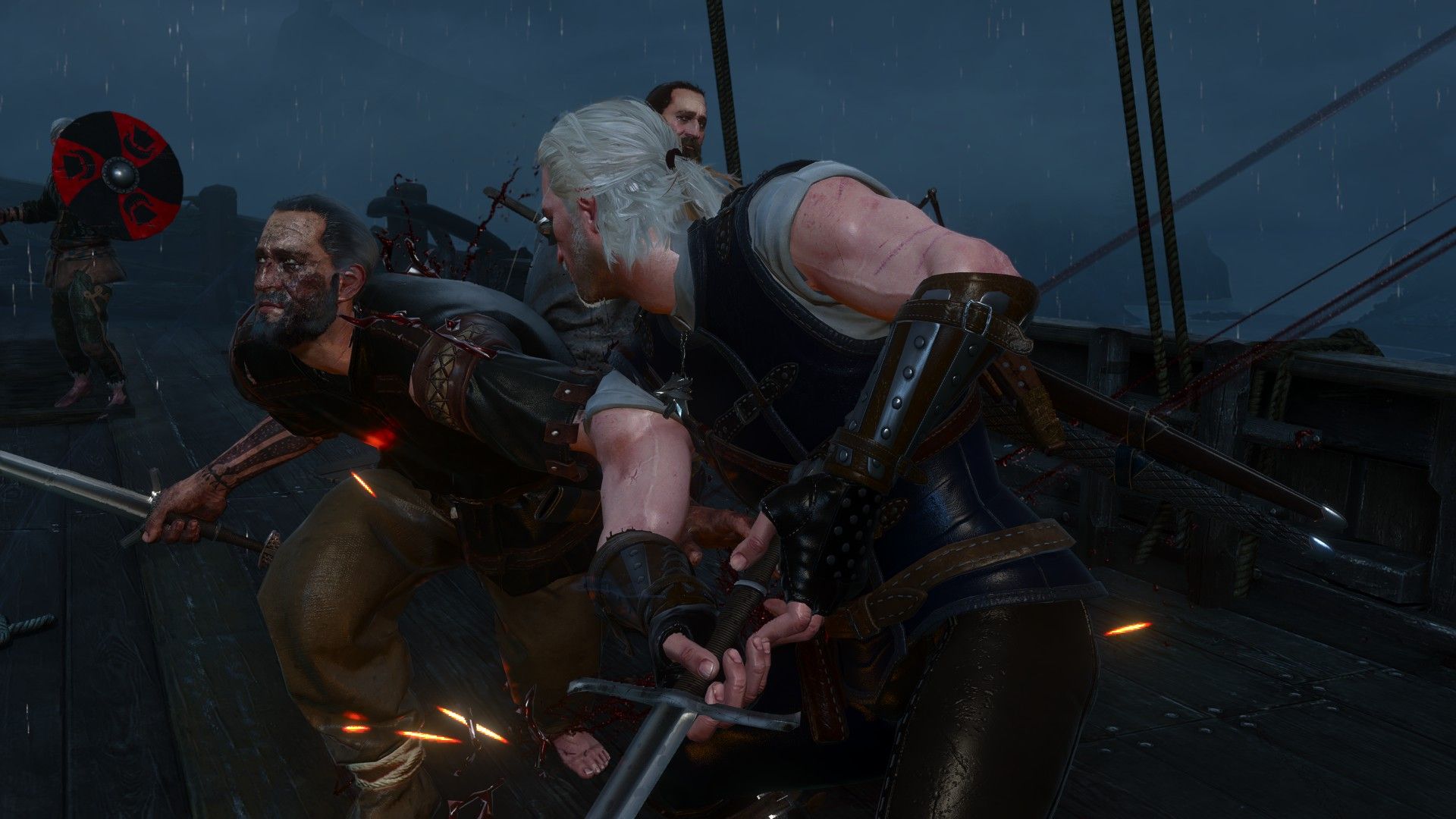 Geralt cuts a pirate with his steel sword on the deck of a ship in the middle of a storm.