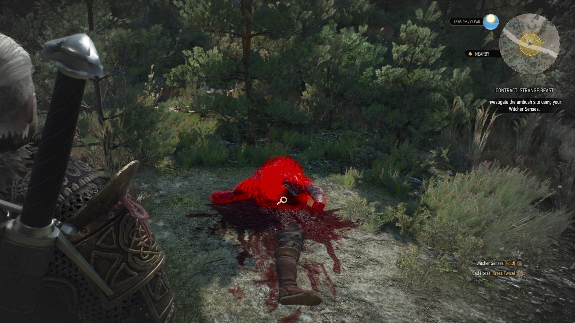 A screenshot of Geralt looking at a corpse that had been torn in half by a monster.