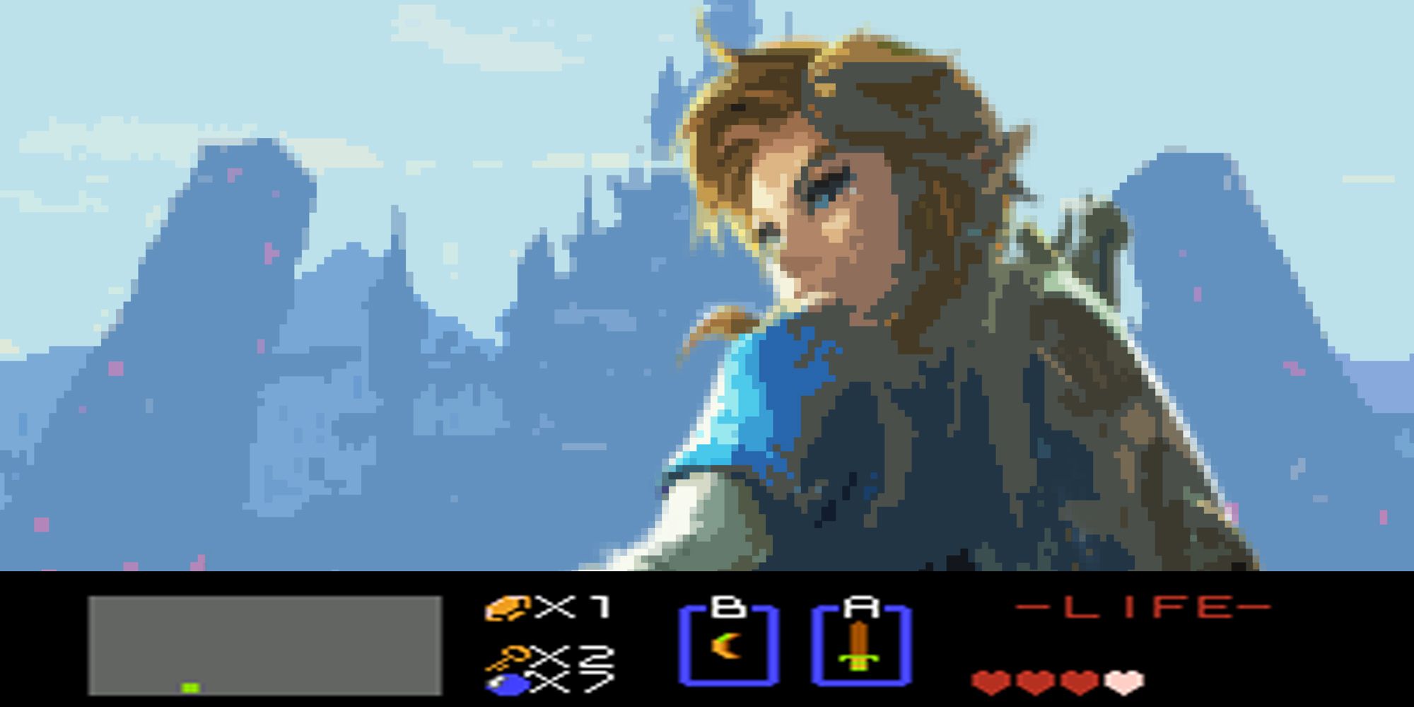 Link from Breath of the Wild but pixelated and with a NES-style Zelda interface at the bottom of the pic