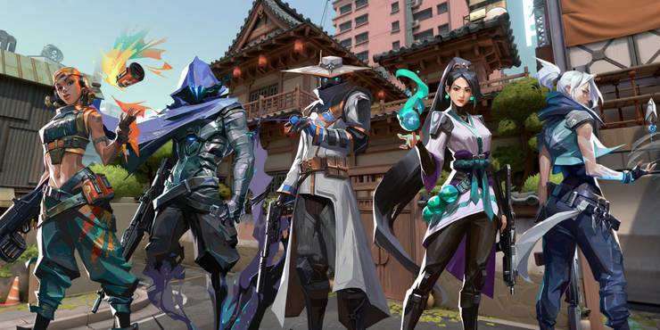 Raze, Omen, Cypher, Sage, and Jett in front of Split map