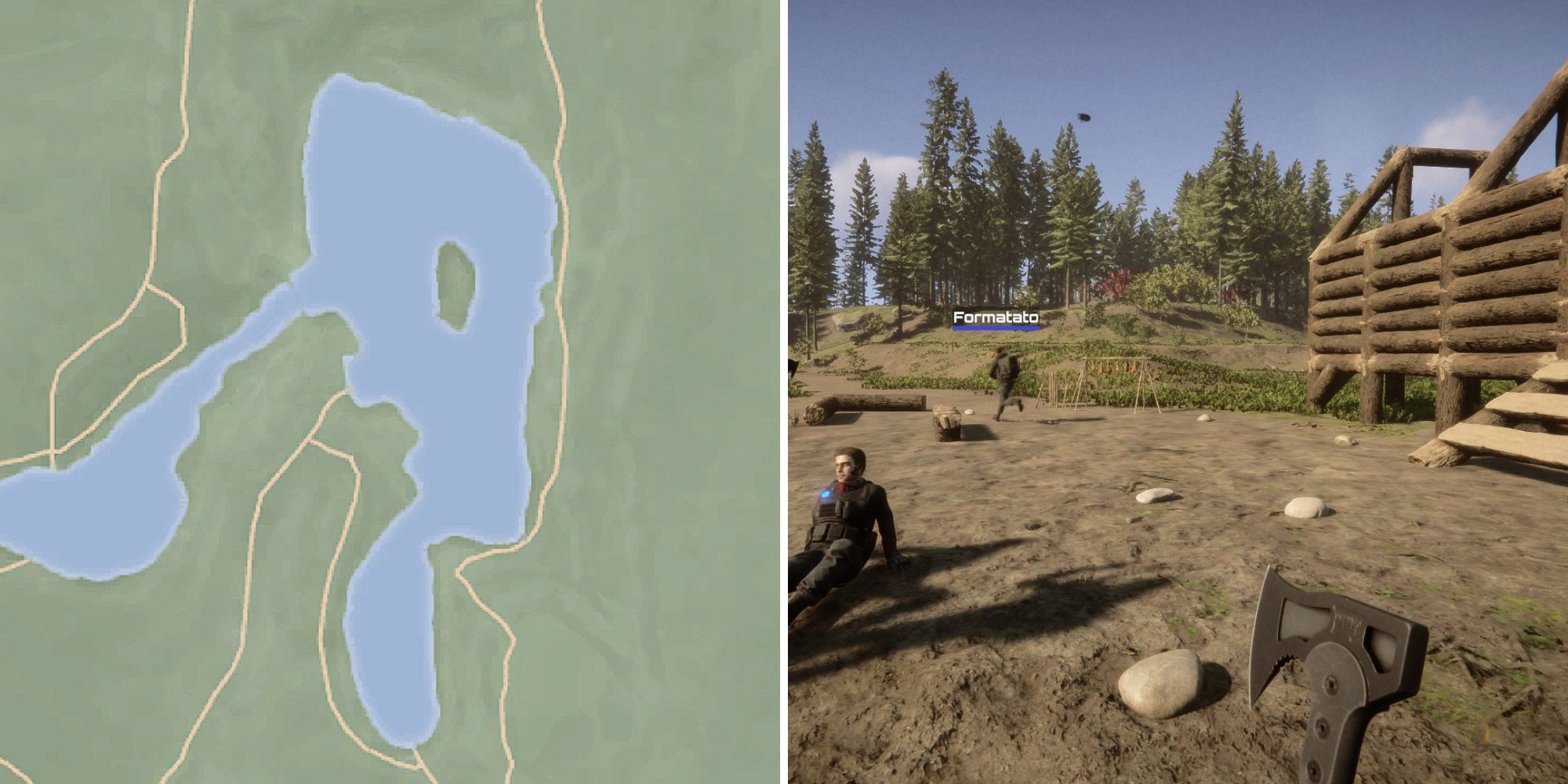 map view of the lake base; Kelvin sitting down on the ground, with a player standing by a dry rack and a semi-built base on the right