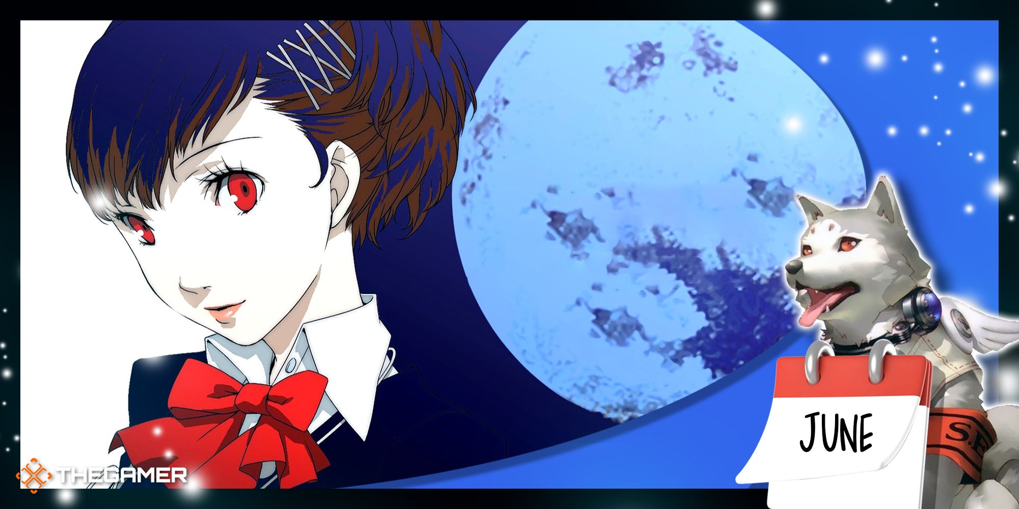 the female protagonist of persona 3 portable with the full moon in our blue p3p koromaru frame, with koromaru wearing a calendar displaying the month of june for persona 3 portable