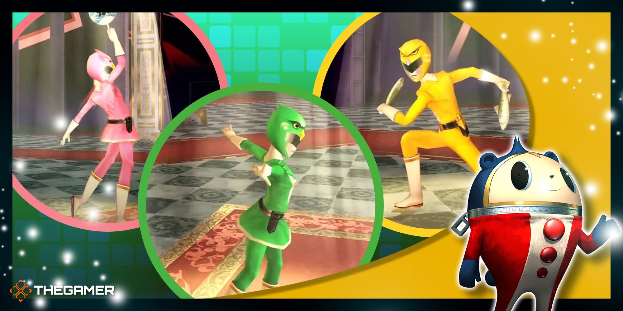 the investigation team dressed as featherman r power rangers in persona 4 golden in our gold teddie p4g frame