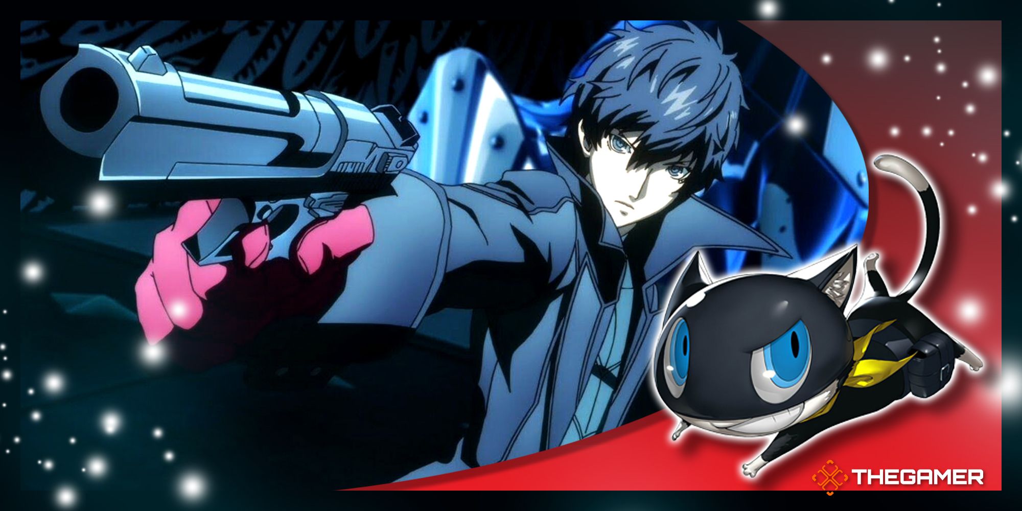 joker from the persona 5 royal anime pointing his gun in our red morgana p5r frame