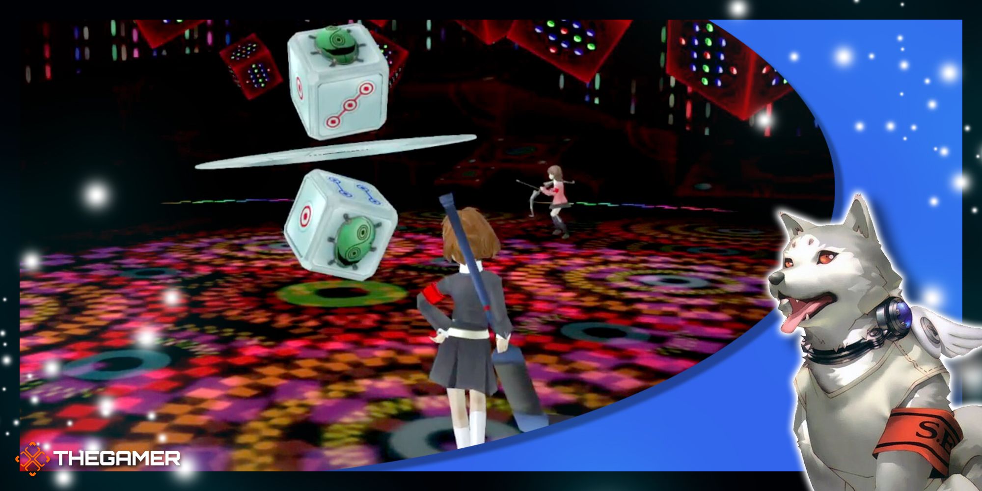yukari and the female protagonist of persona 3 portable about to battle the reckoning dice guardian in our blue koromaru p3p frame