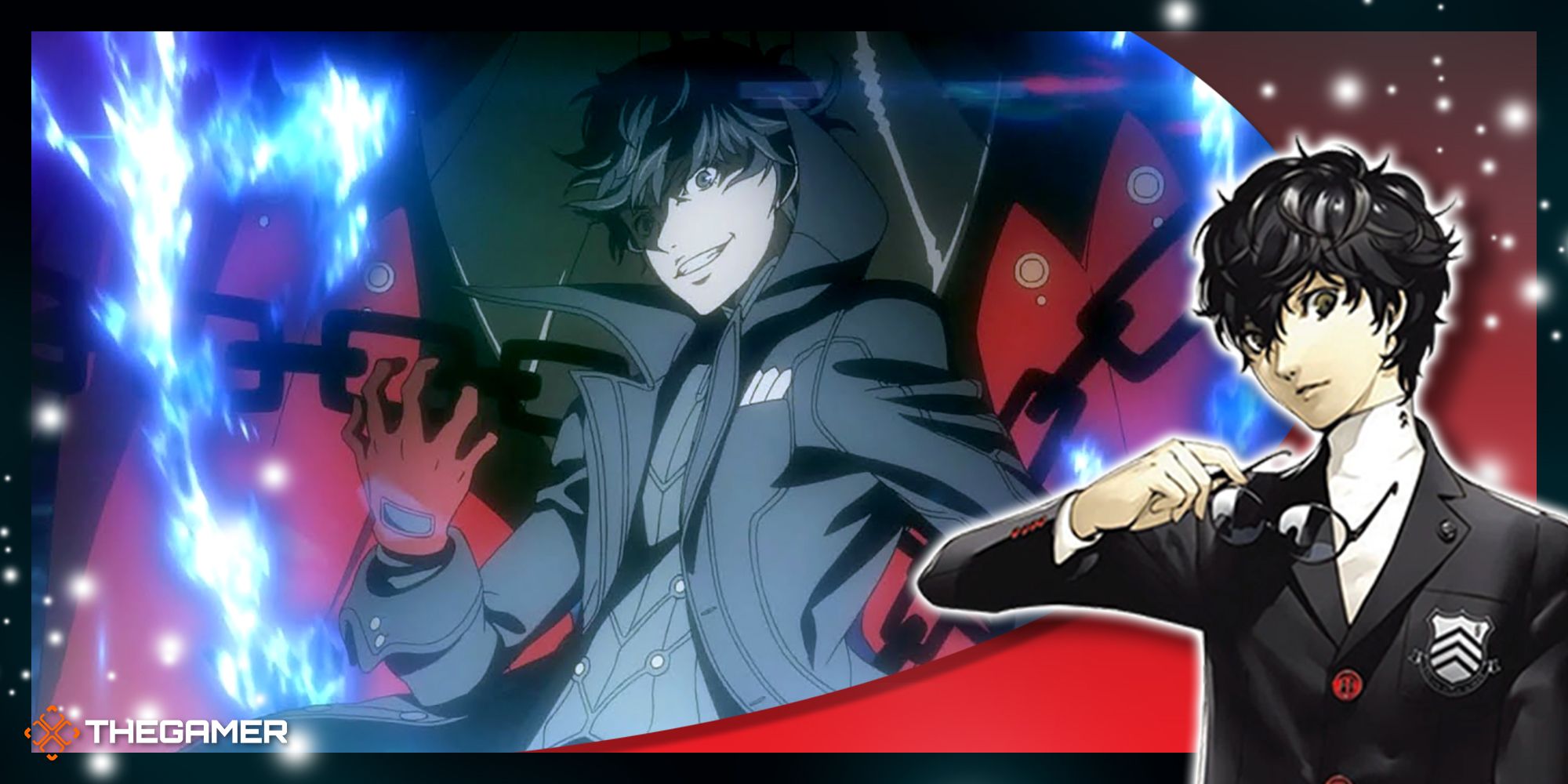 ren amamiya in his student uniform with him in his joker costume awakening to arsene in the background from persona 5 royal