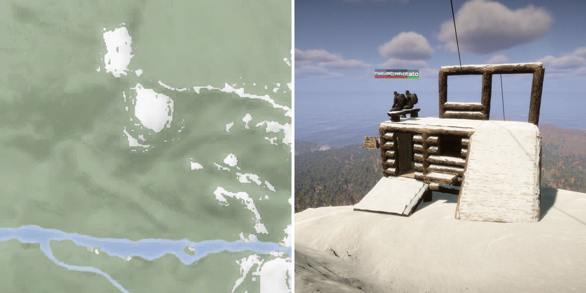 map overview of the mountaintop base; a snow-covered base with ziplines, feeder, seedbox, and a bench with two players sitting on it in Sons Of The Forest